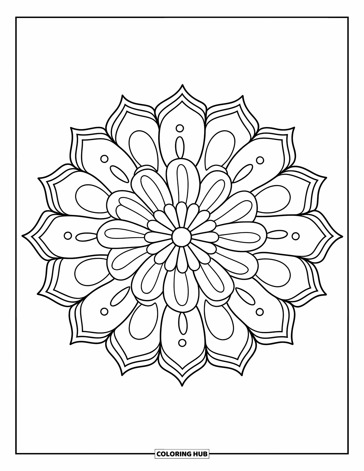 Bohemian Mandala Coloring Page for Kids: Playful flower mandala with dots and large petal sections