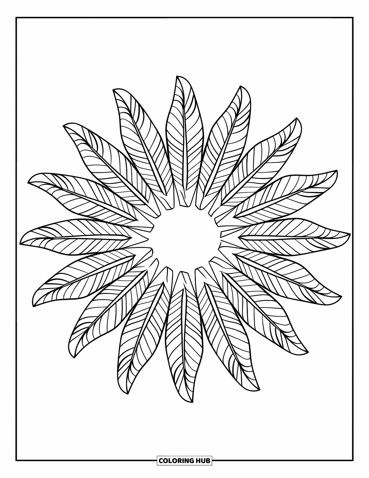 Bohemian Mandala Coloring Page for Kids: Radiating feathers form a bold mandala around a central circle