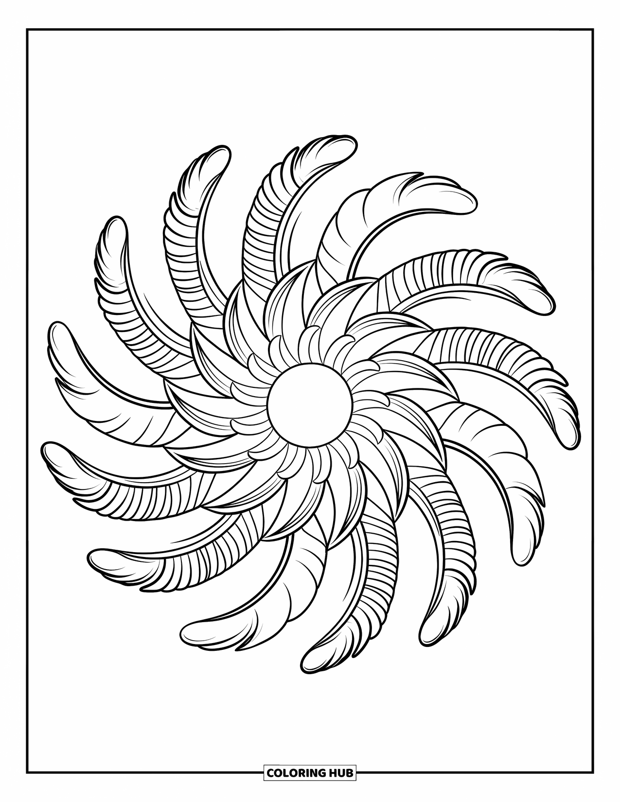Bohemian Mandala Coloring Page for Kids: Spiraling feathers form a boho mandala around a circle center