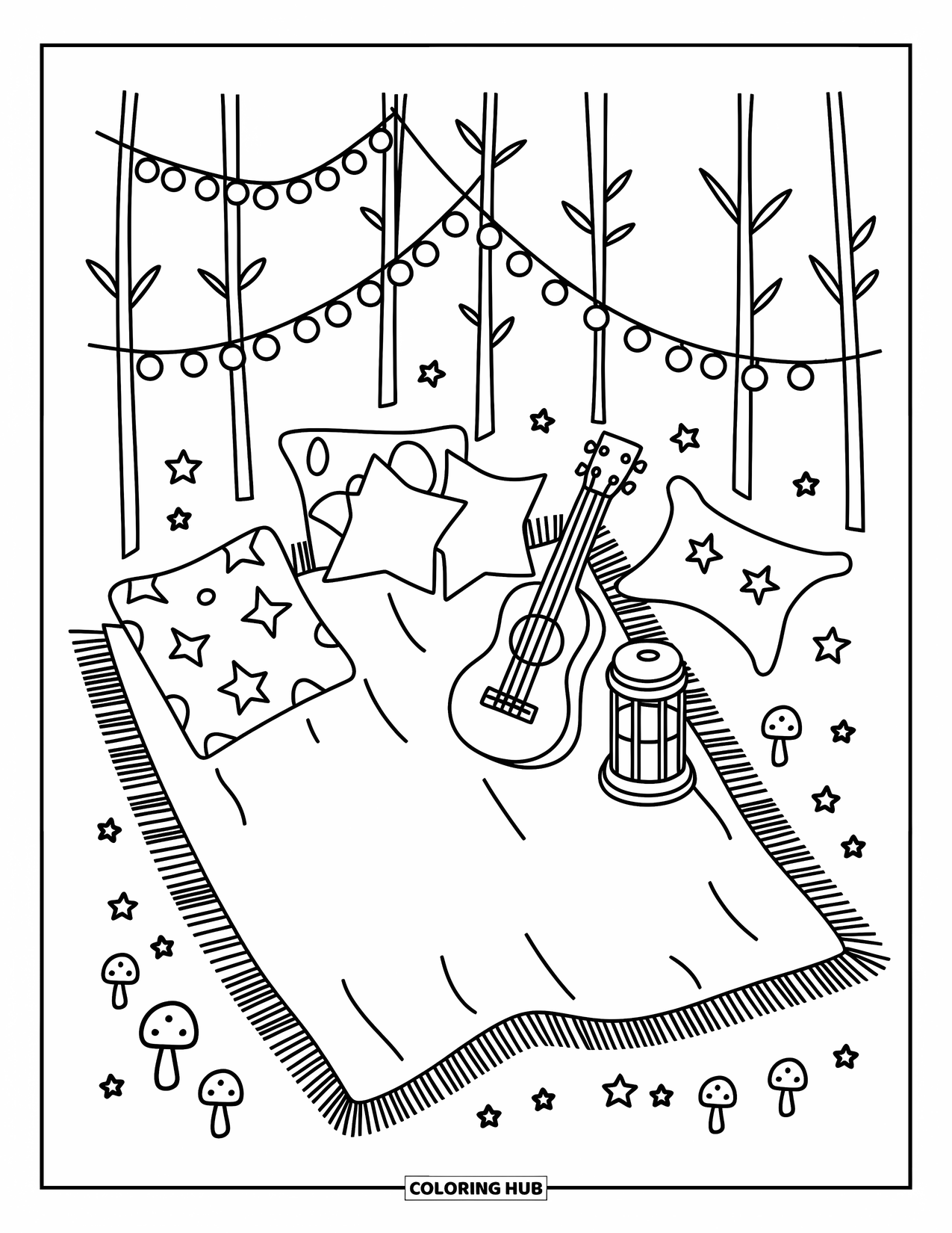 Boho Coloring Page for Adults: A blanket fort with lights, a ukulele, and cute stars all around