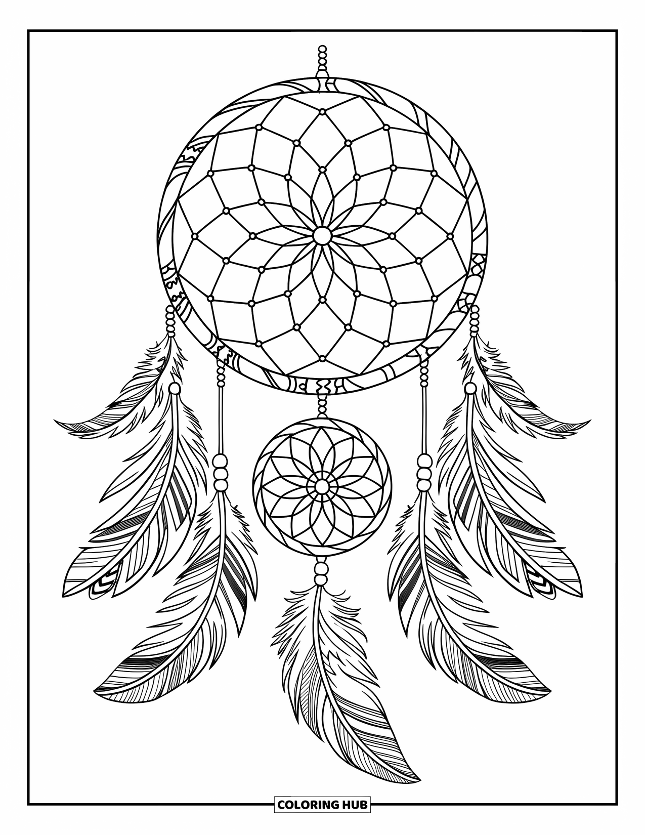 Boho Coloring Page for Adults: A bold dreamcatcher hanging on white with feathers and patterned details