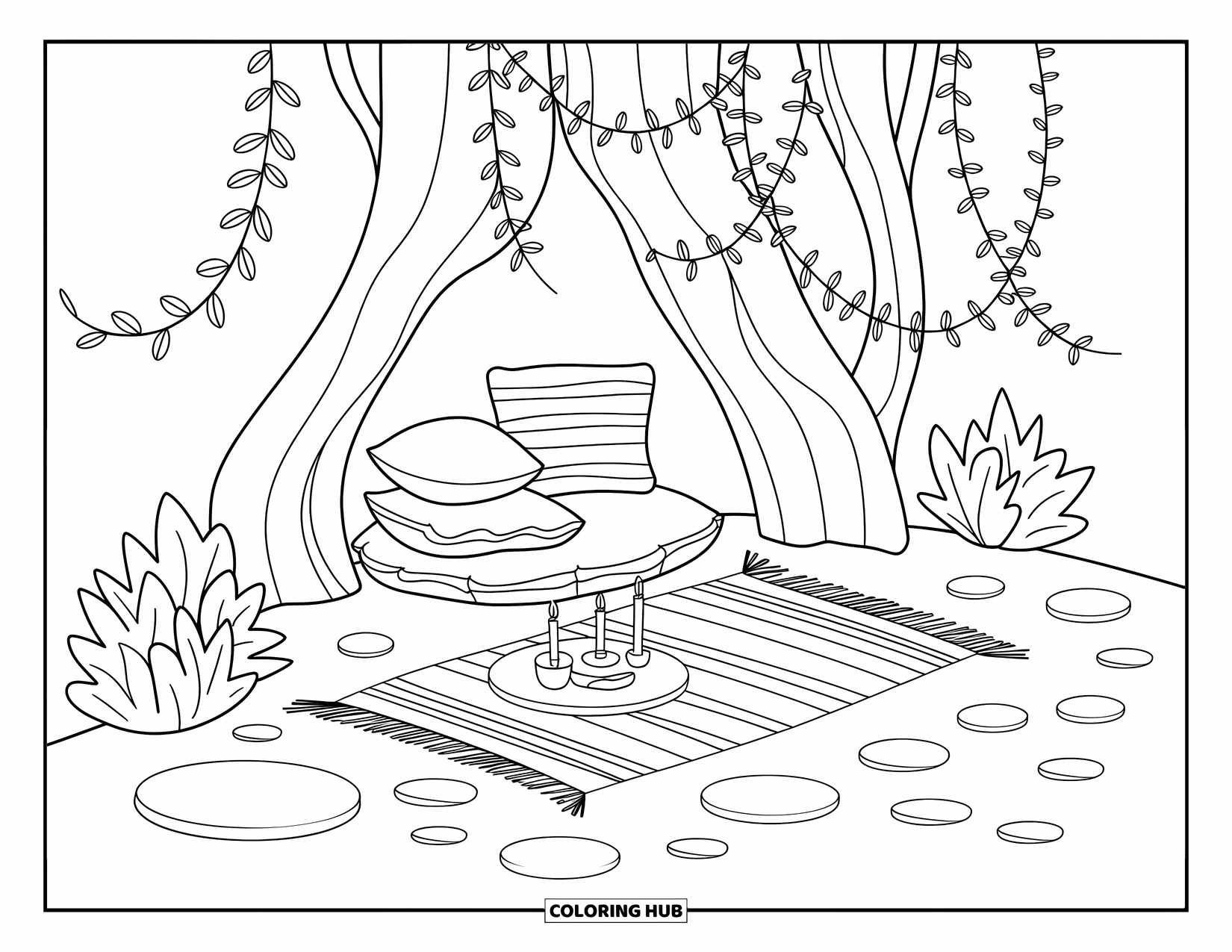 Boho Coloring Page for Adults: A cozy forest nook with mats, pillows, and a tiny tea setup near a tree