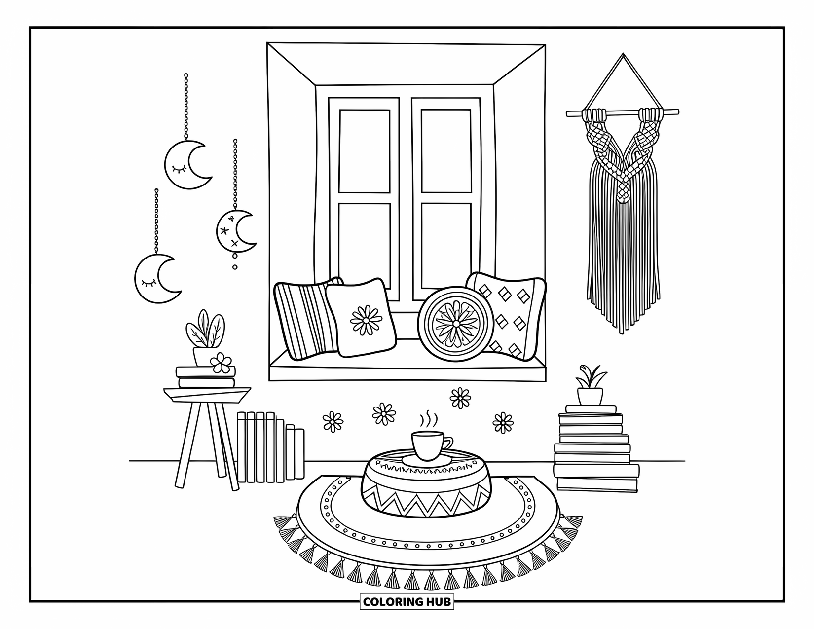 Boho Coloring Page for Adults: A cozy reading nook with tassel rugs, plants, and floating moon charms