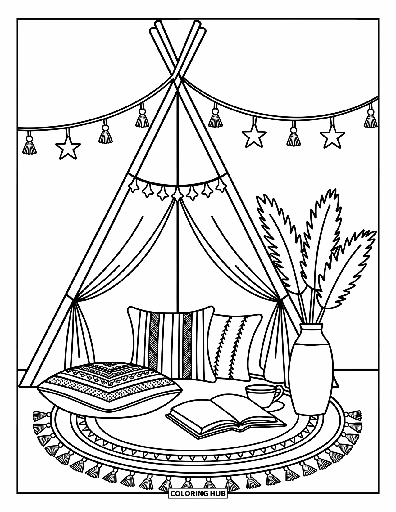 Boho Coloring Page for Adults: A cozy teepee corner with cushions, lights, and a cup of tea