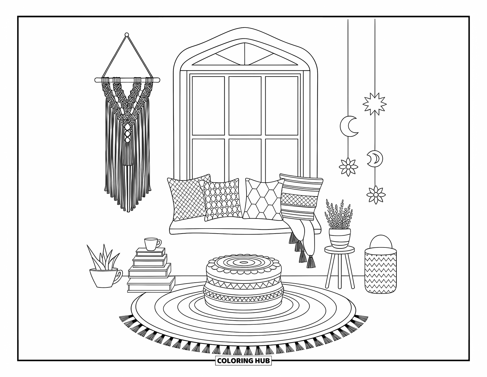 Boho Coloring Page for Adults: A cute window seat with patterned pillows, books, and moon-and-star mobiles