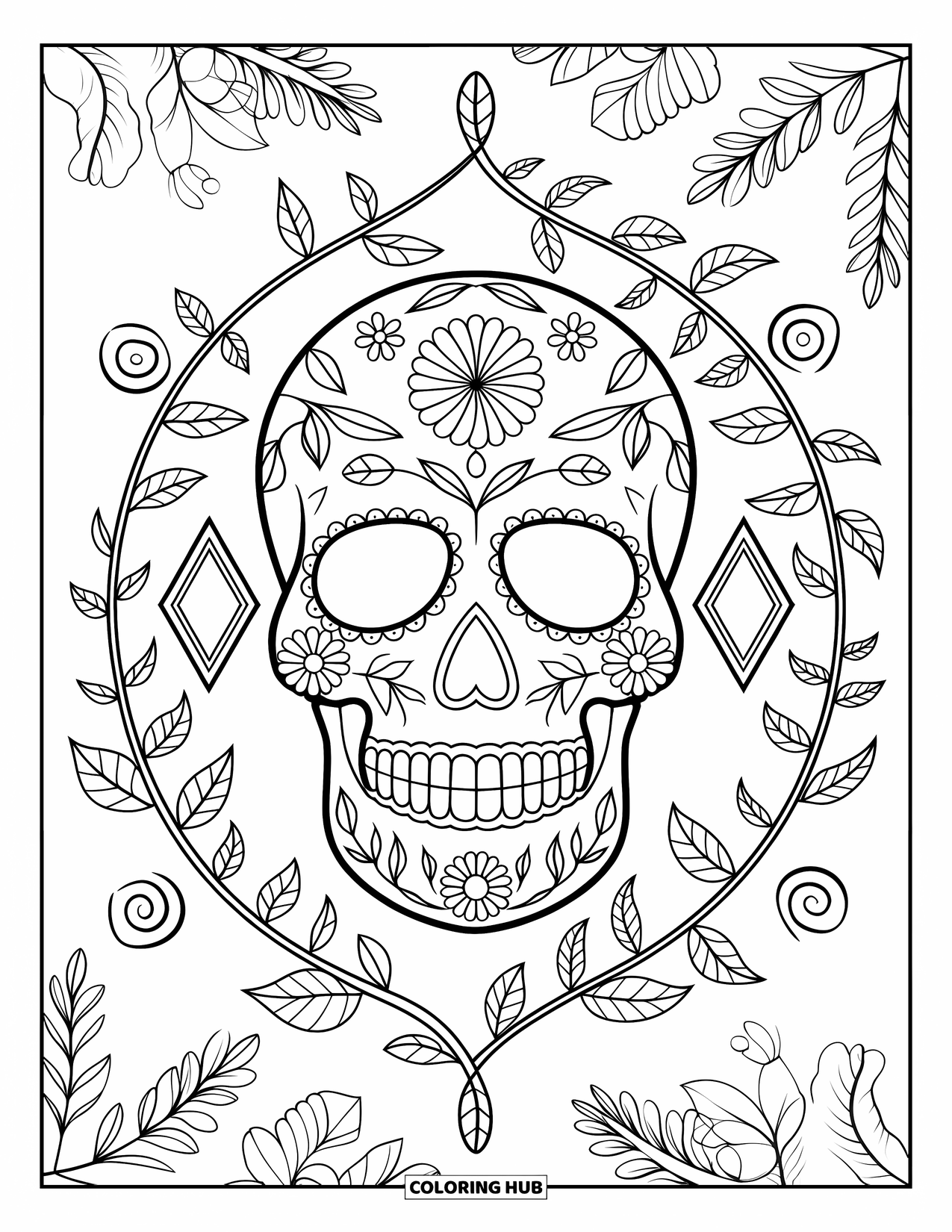 Boho Coloring Page for Adults: A decorated skull wrapped in vines with diamonds and swirls all around