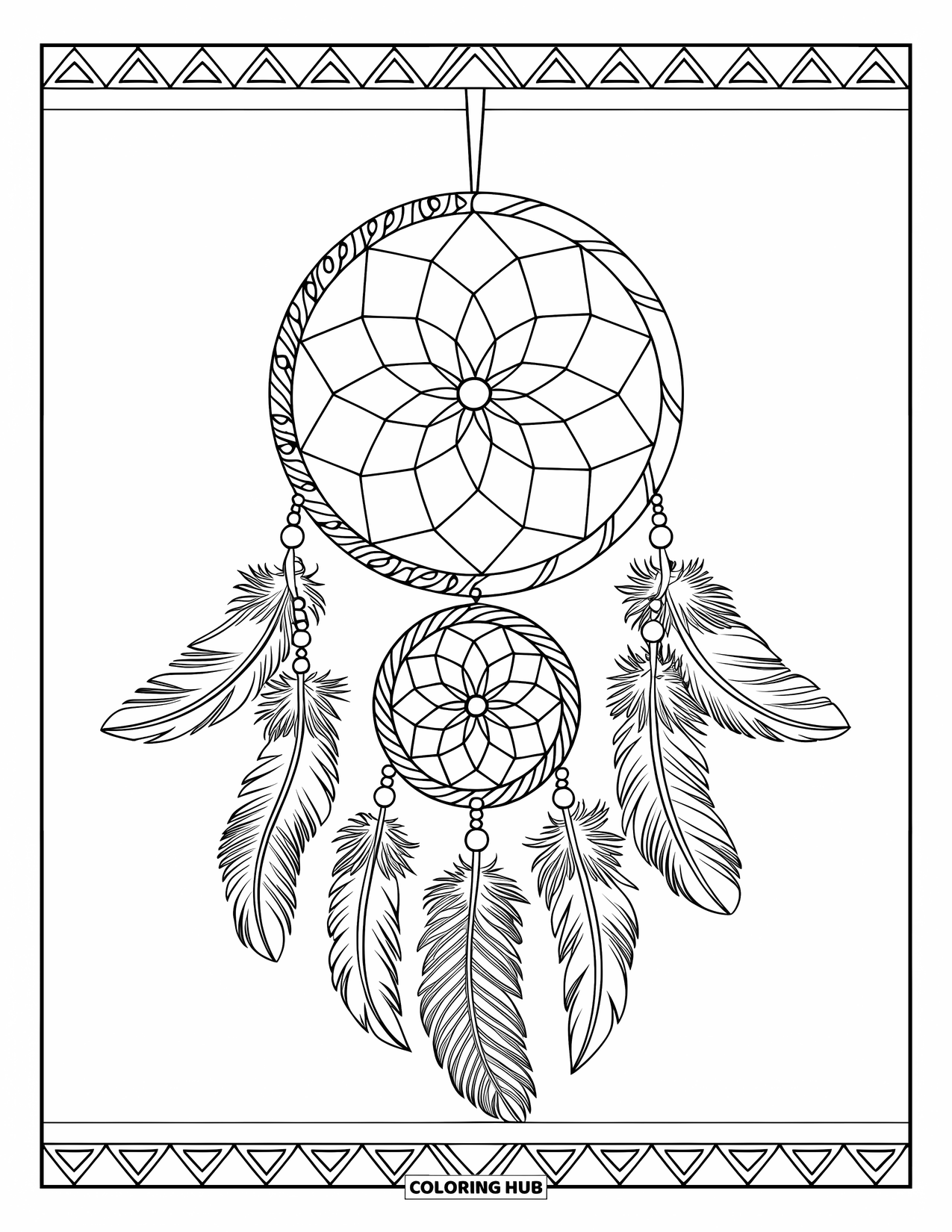 Boho Coloring Page for Adults: A dreamcatcher with overlapping rings and patterns hanging from a wooden dowel