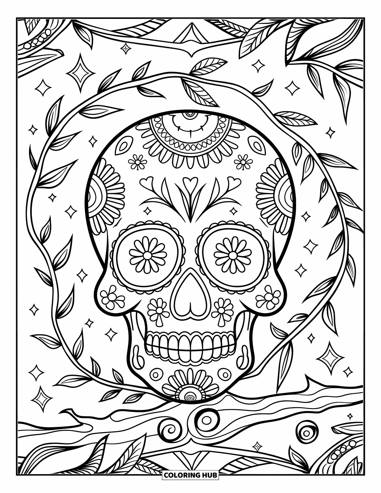 Boho Coloring Page for Adults: A floral skull surrounded by vines, spirals, and sparkling diamond shapes