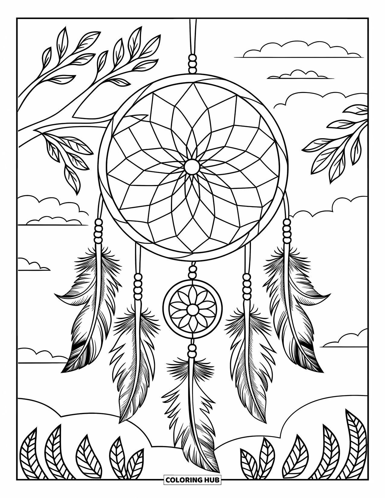 Boho Coloring Page for Adults: A hanging dreamcatcher with layered rings, beads, and feathery details
