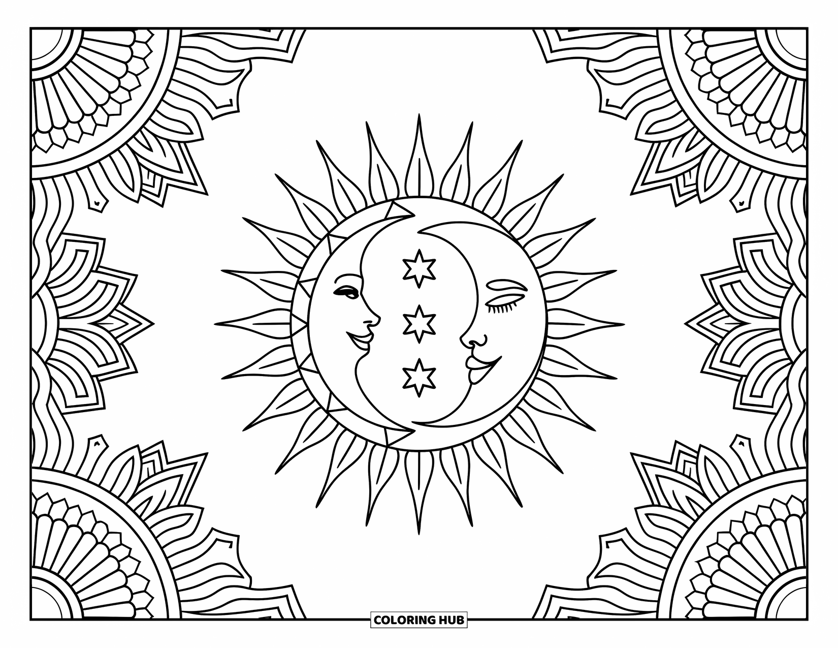 Boho Coloring Page for Adults: A harmonious sun and moon surrounded by intricate patterns and star accents