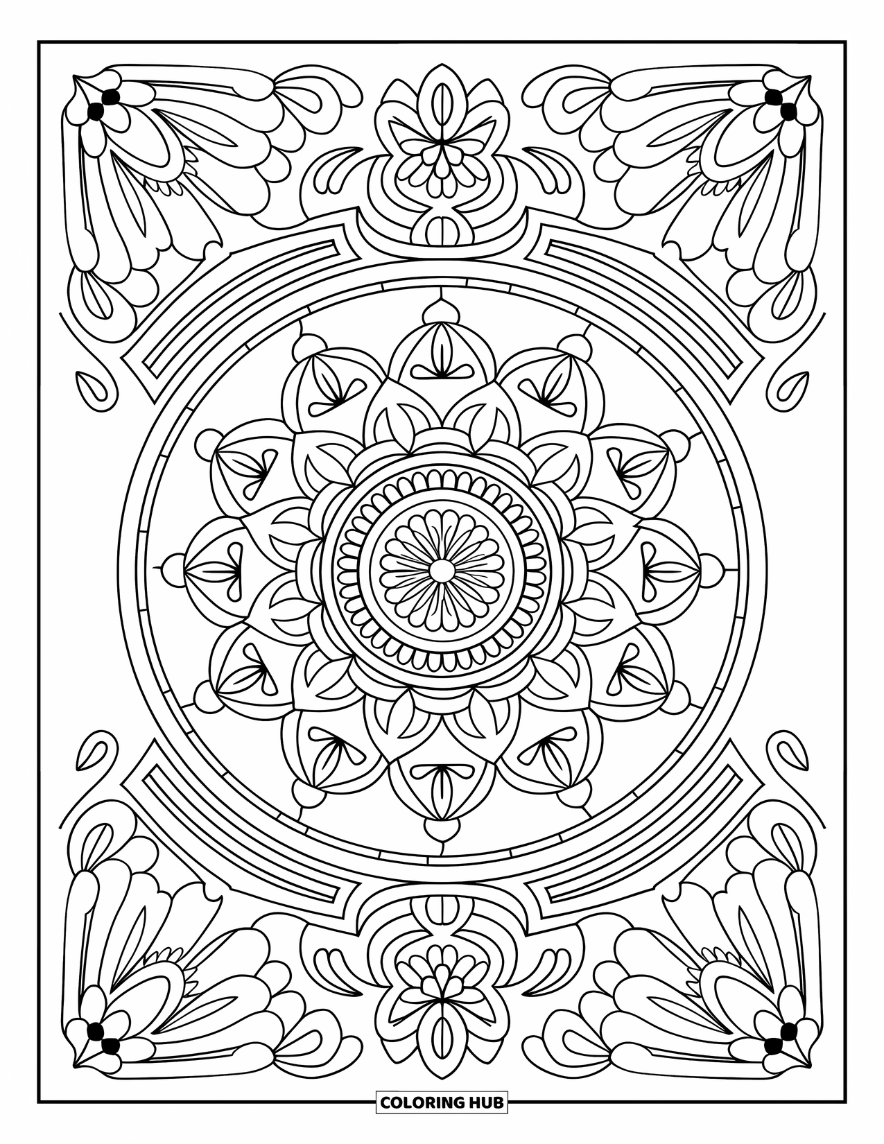 Boho Coloring Page for Adults: A large circle mandala filled with flowers, leaves, and spiral lines