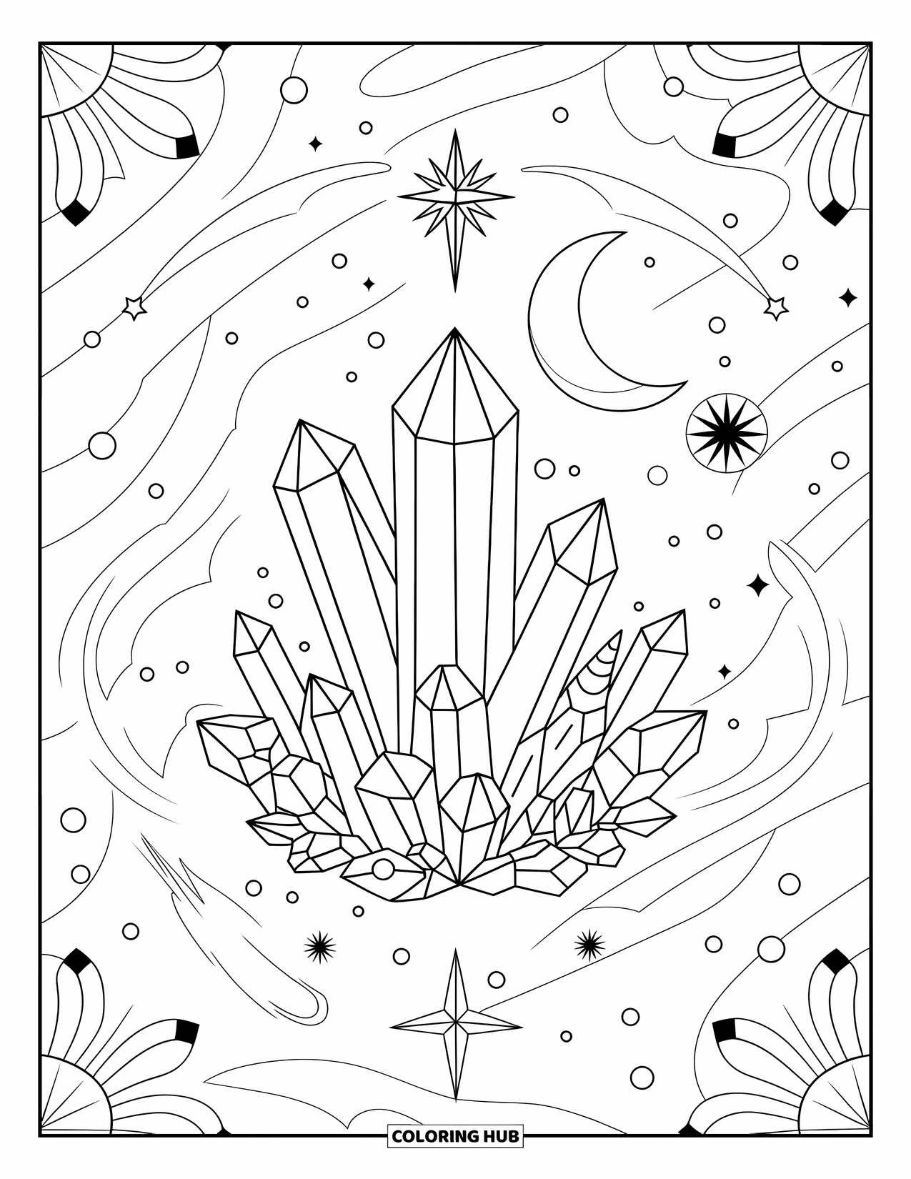 Boho Coloring Page for Adults: A mix of crystals and celestial shapes wrapped in swirls and dotted stars