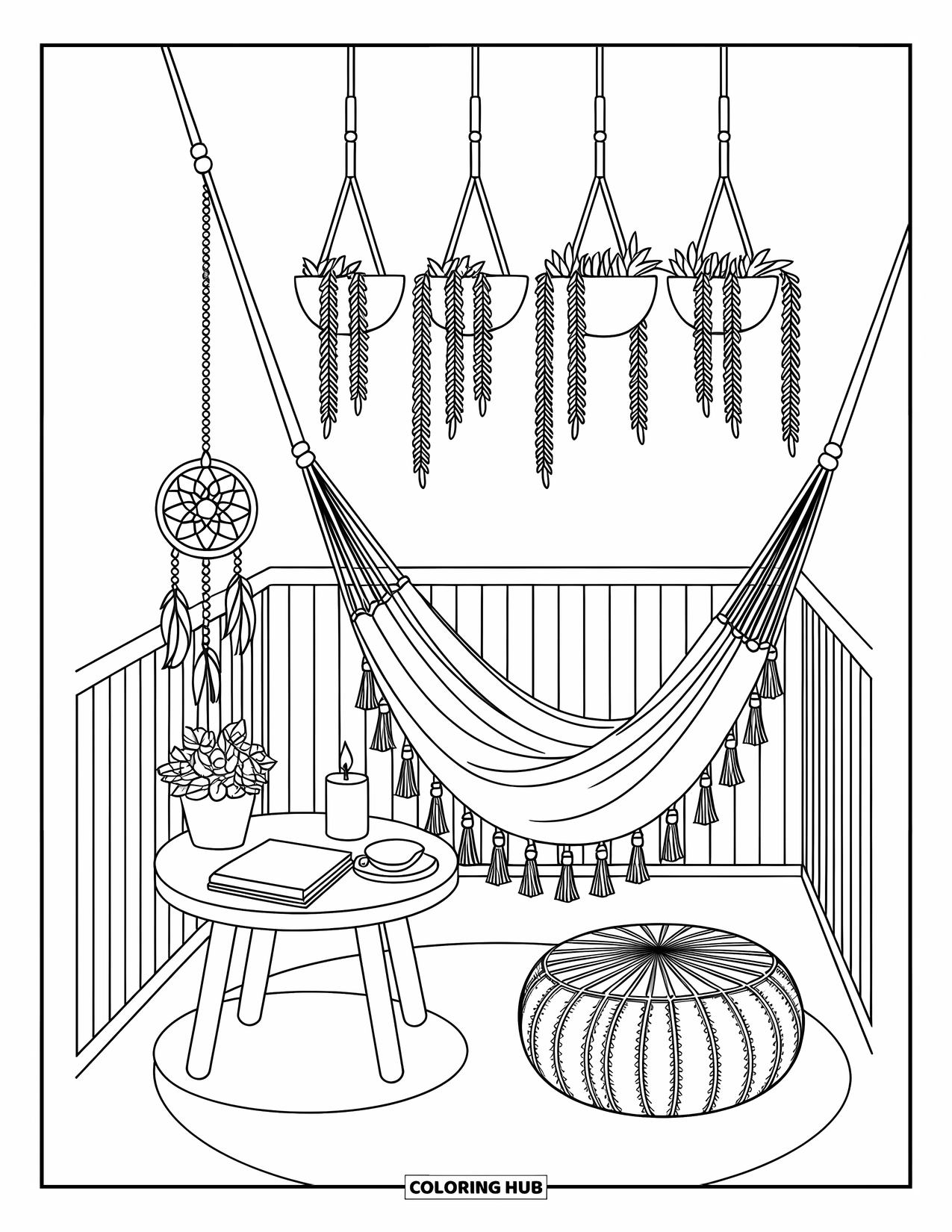 Boho Coloring Page for Adults: A peaceful balcony with leafy planters, soft seats, and dreamy charms