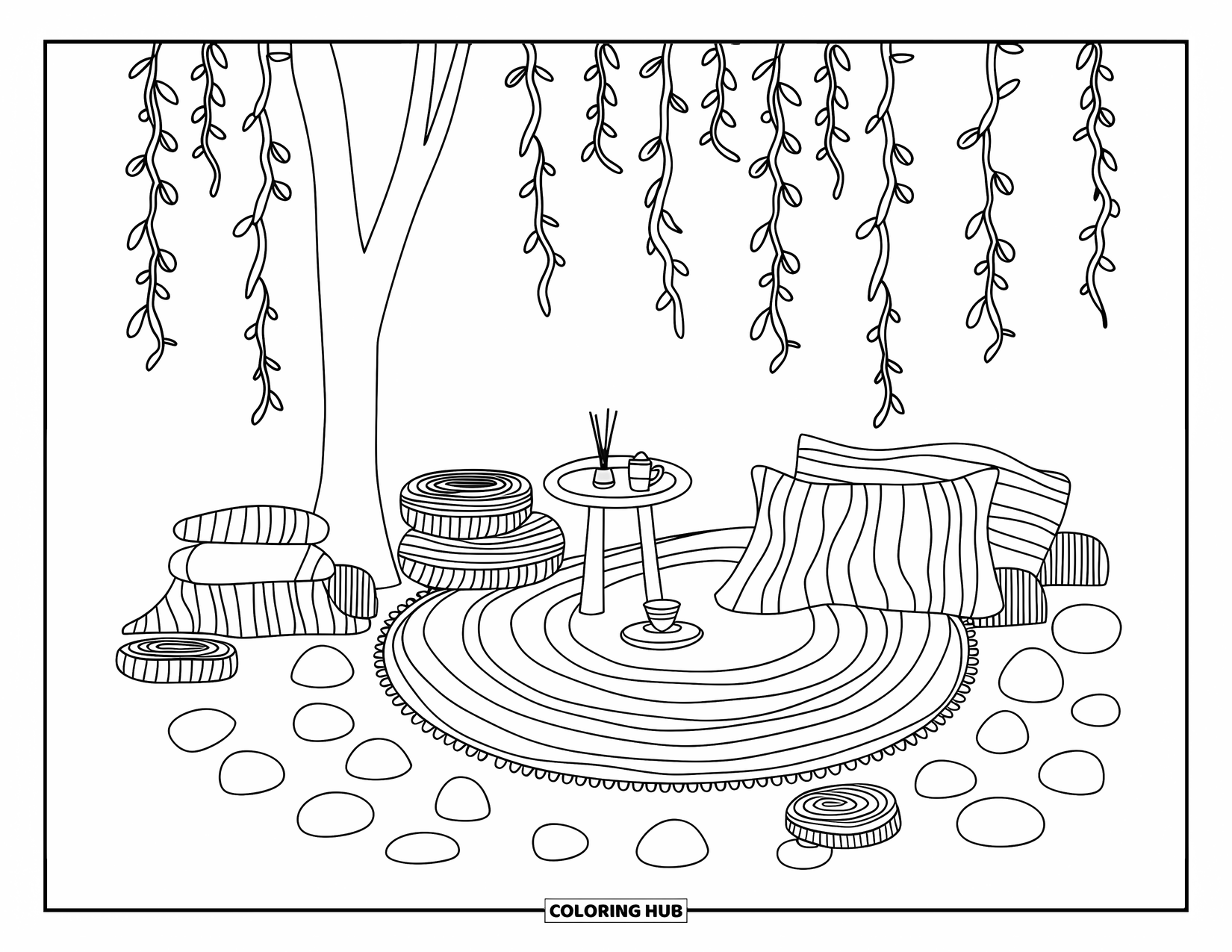 Boho Coloring Page for Adults: A peaceful floor space with pillows, tea, and vines under a whimsical tree