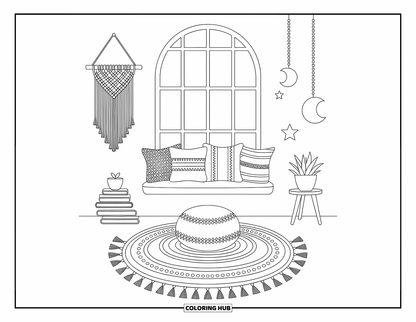 Boho Coloring Page for Adults: A peaceful window corner with soft cushions, books, and dreamy hanging decor