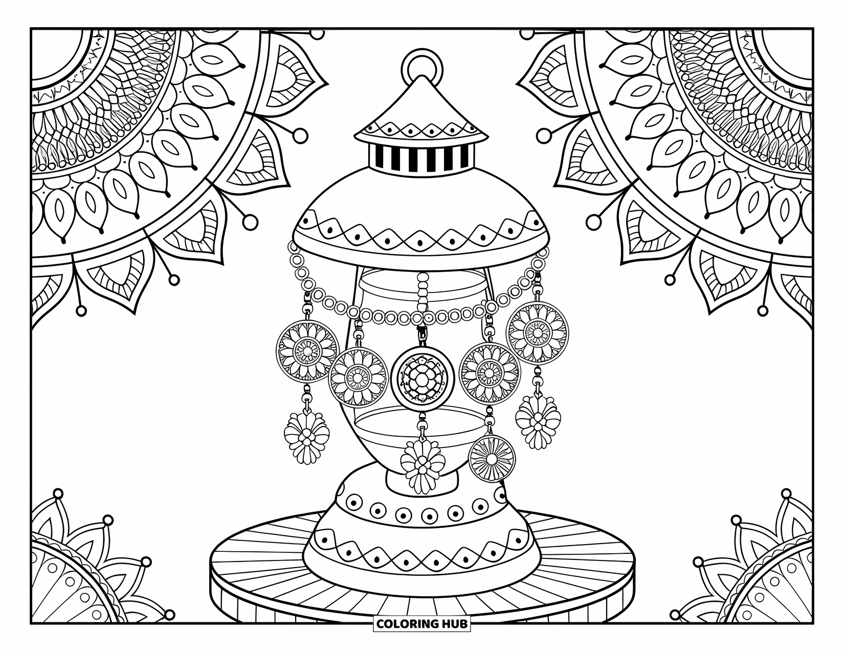 Boho Coloring Page for Adults: A rustic lantern on a stand with glowing mandala rays and leafy decor