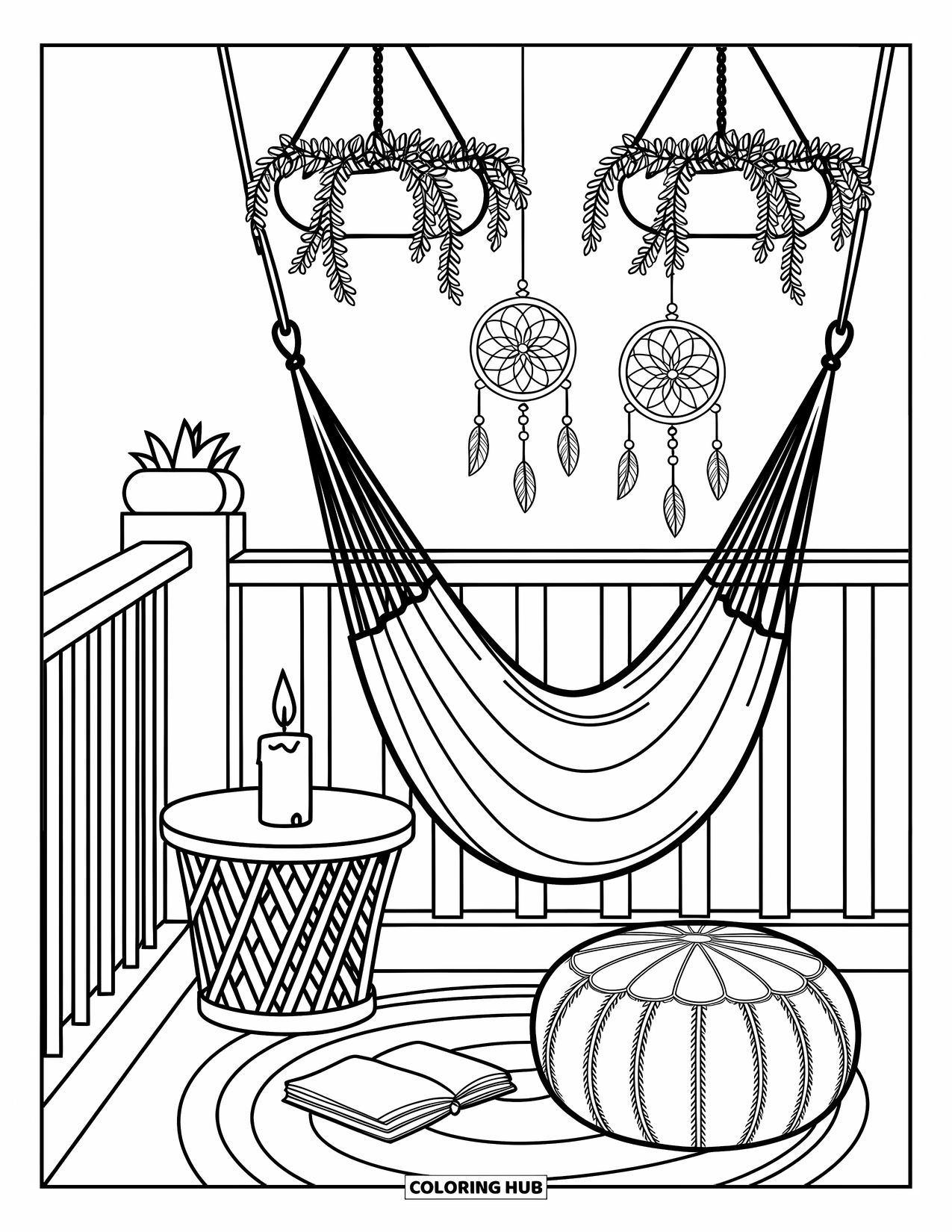Boho Coloring Page for Adults: A small balcony with a journal, candles, and a hammock under plants