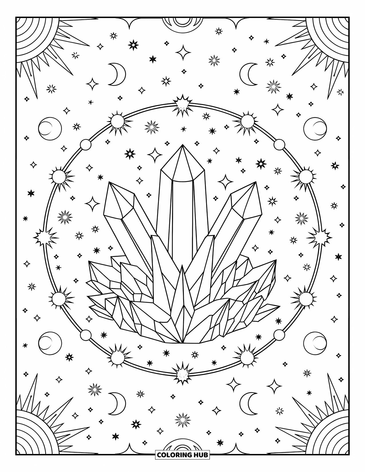 Boho Coloring Page for Adults: A starry crystal cluster with planets, moons, and twinkling night sky details