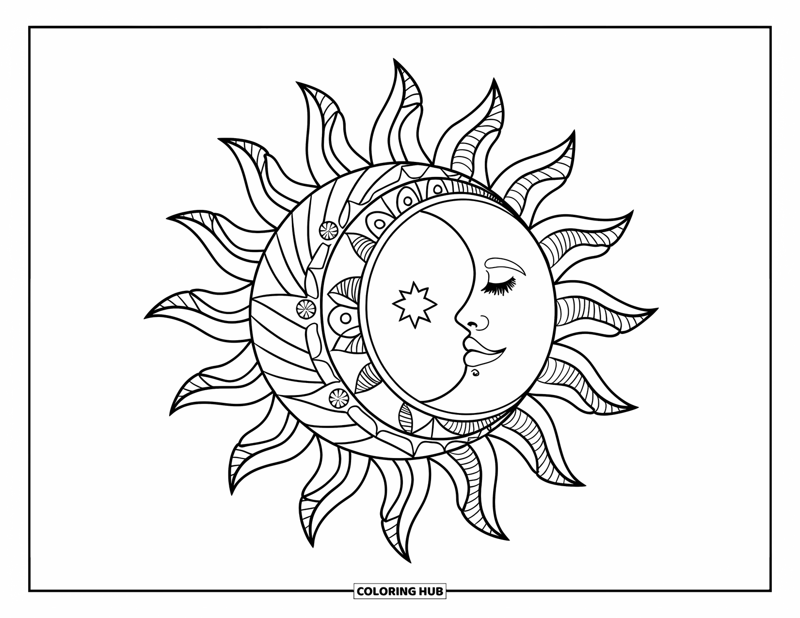 Boho Coloring Page for Adults: A sun and moon wrapped in stars with patterned rays and swirling designs