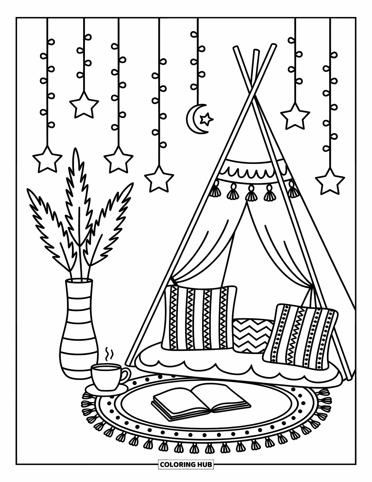 Boho Coloring Page for Adults: A warm teepee space with tassels, books, and starry string lights
