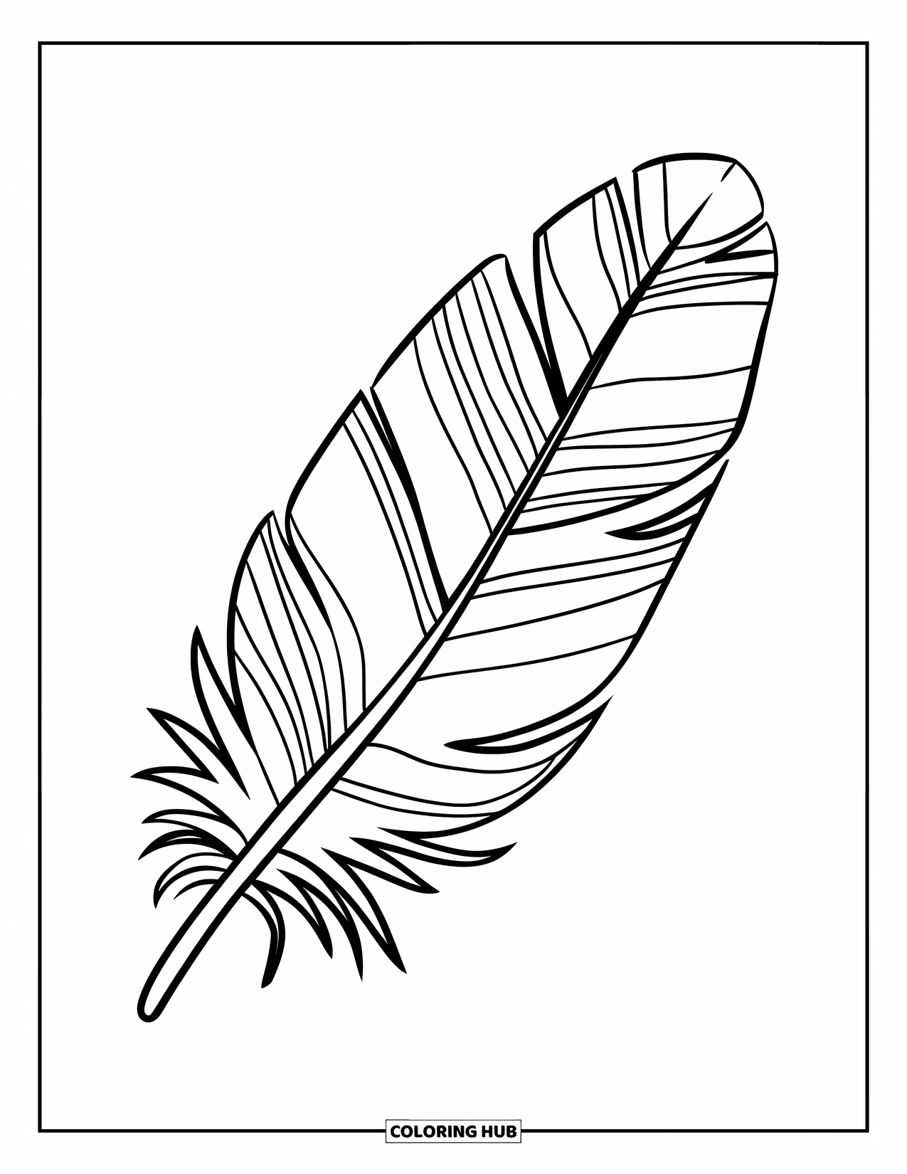 Boho Coloring Page for Kids: A big feather with bold stripes and playful patterns curves softly