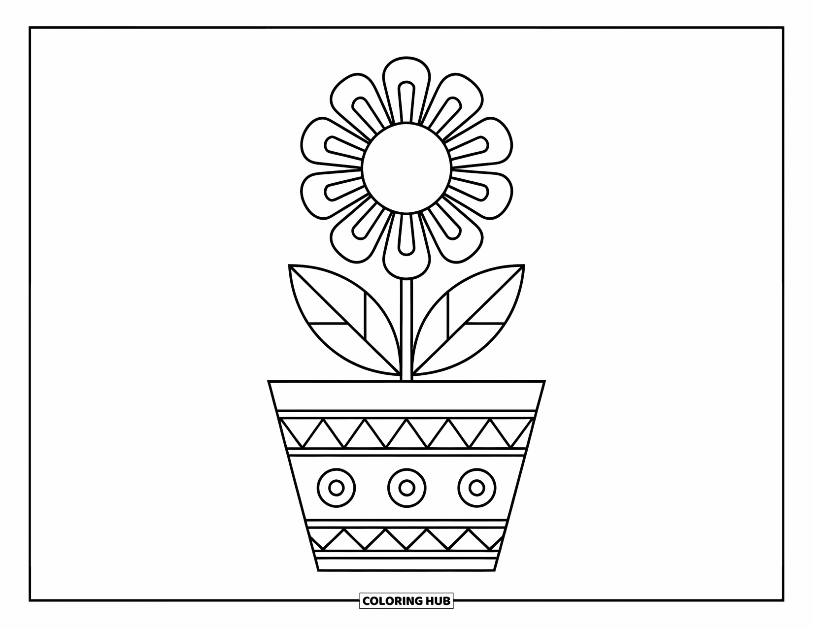 Boho Coloring Page for Kids: A big flower in a patterned pot is simple and fun to color