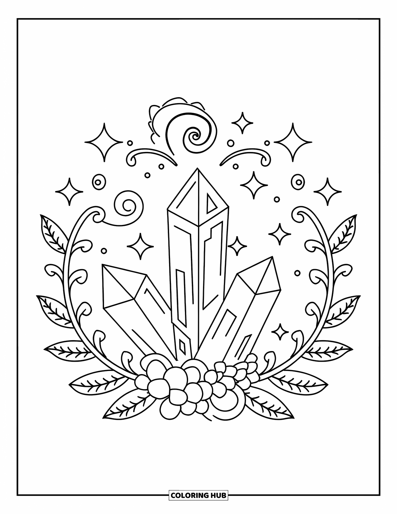 Boho Coloring Page for Kids: A boho crystal cluster sparkles with leaves, stars, and swirls around it