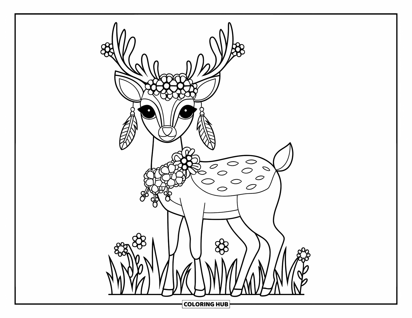 Boho Coloring Page for Kids: A boho deer with flowers and feathers stands in a flowery green field