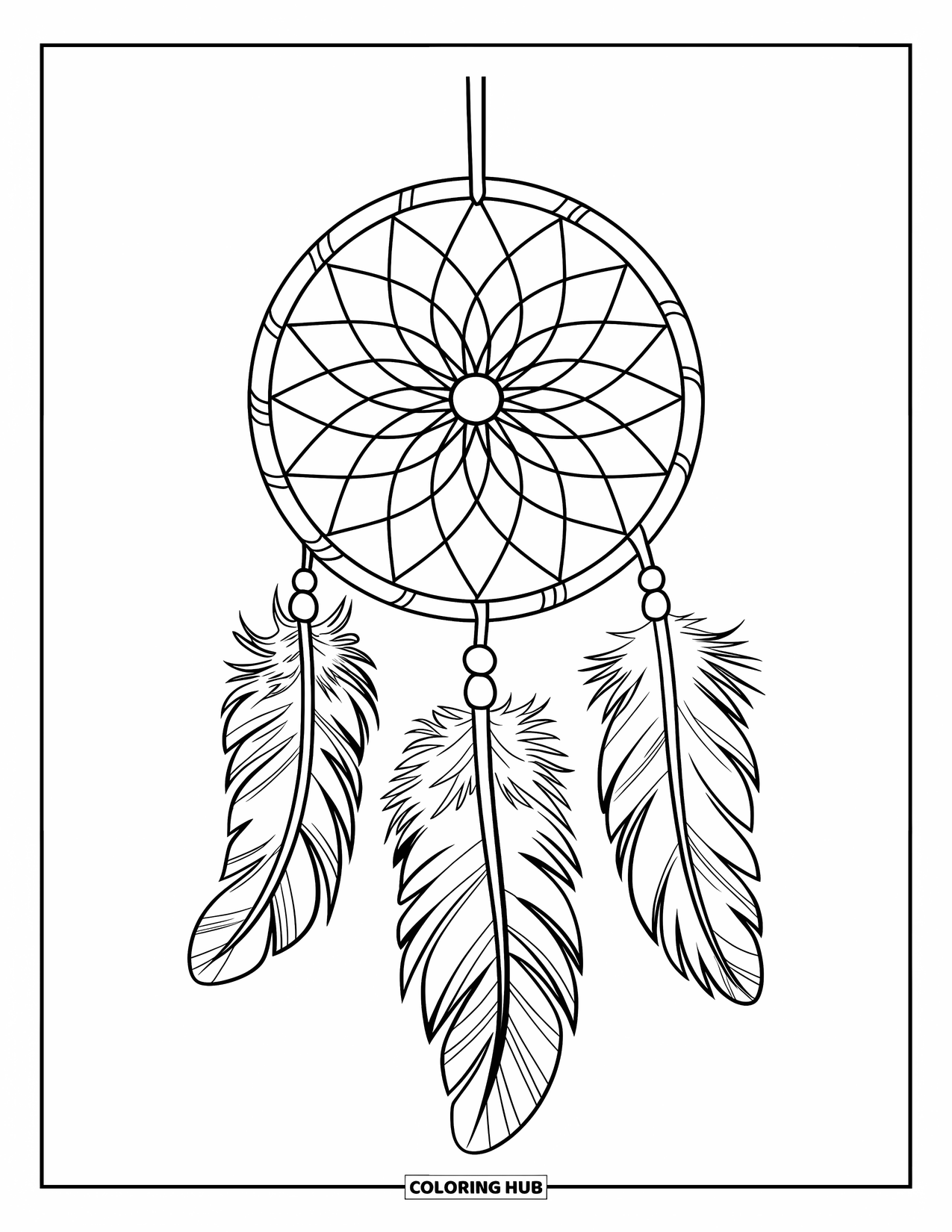Boho Coloring Page for Kids: A boho dreamcatcher with three large feathers swings gently in the air