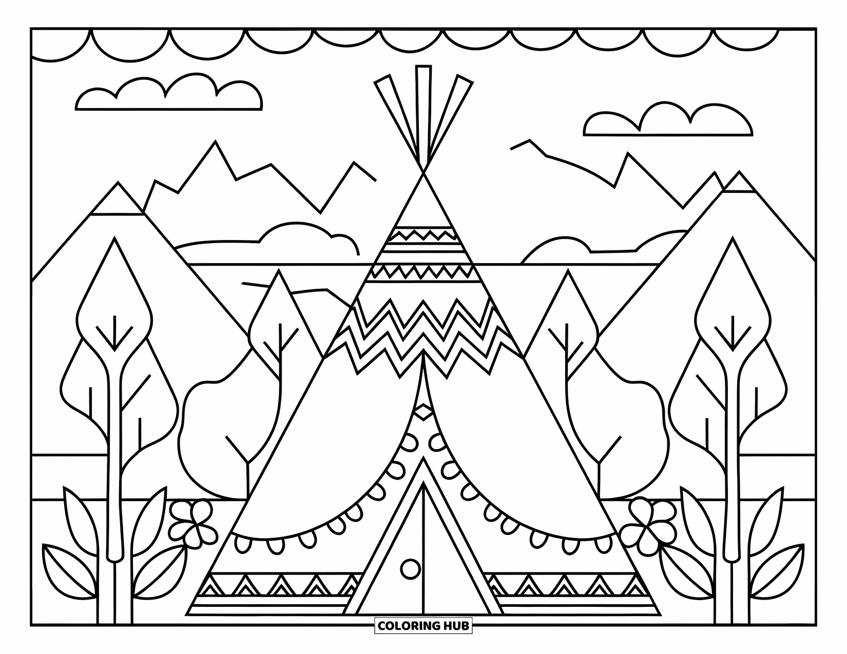 Boho Coloring Page for Kids: A boho tipi stands near trees and mountains with flowers all around