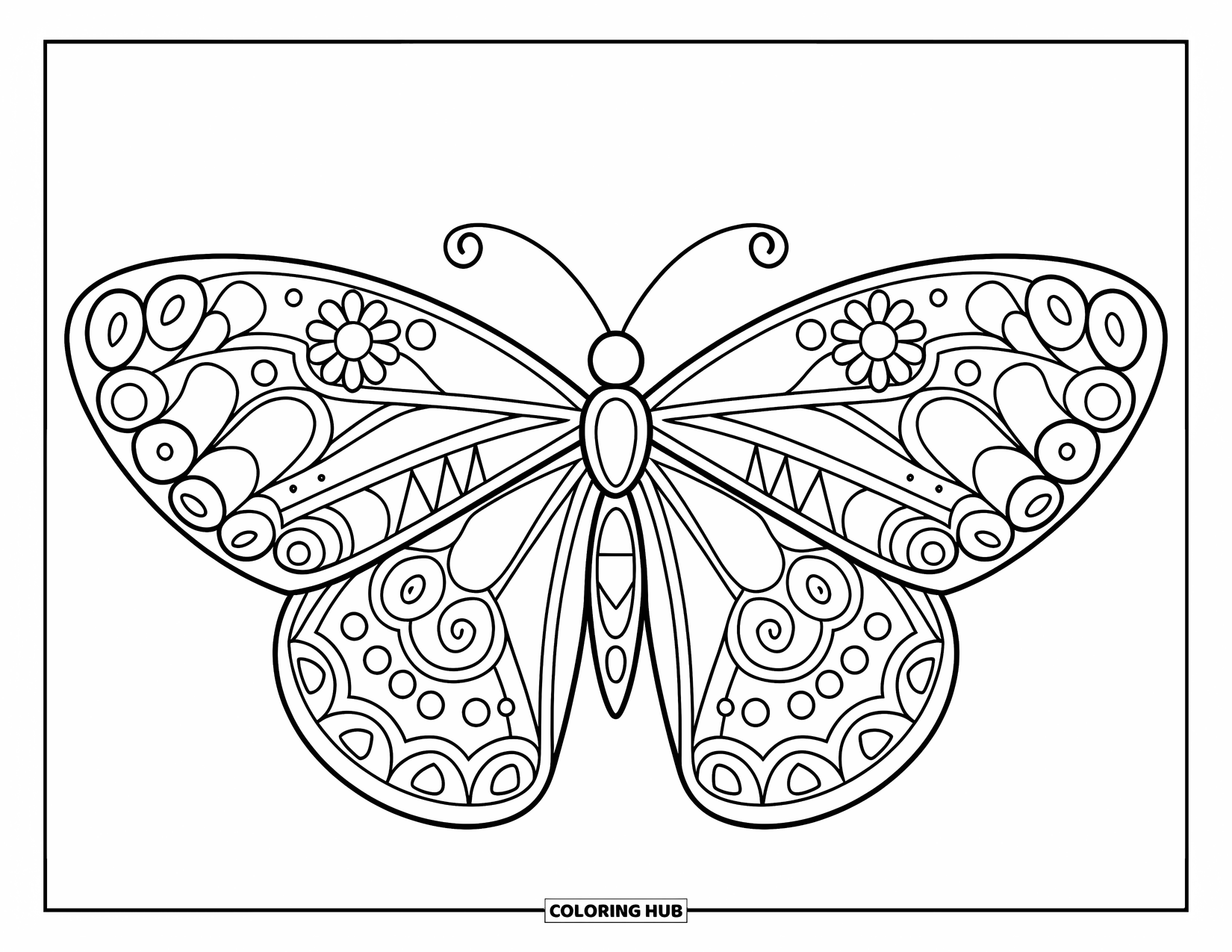 Boho Coloring Page for Kids: A butterfly with floral and triangle wing patterns rests on a branch