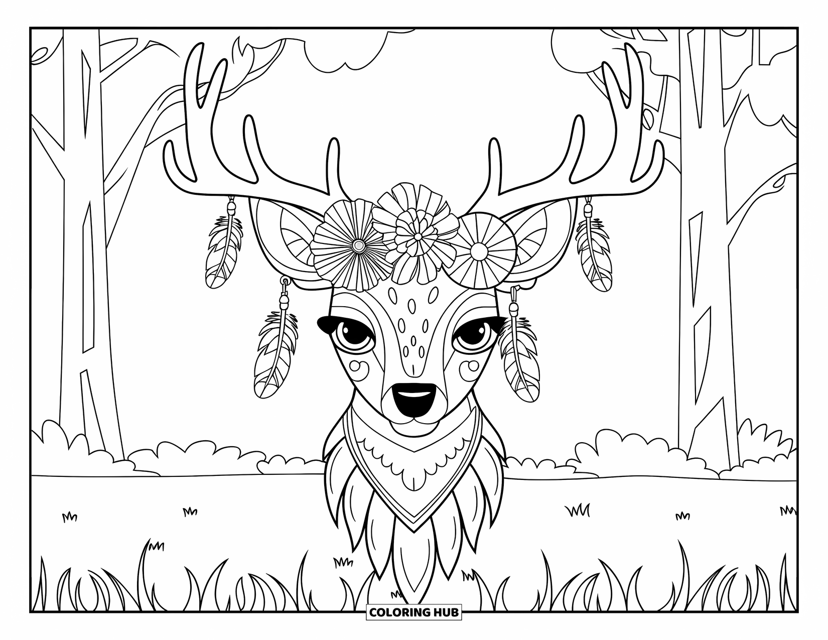Boho Coloring Page for Kids: A calm deer with flowered antlers and feathers stands on a grassy patch
