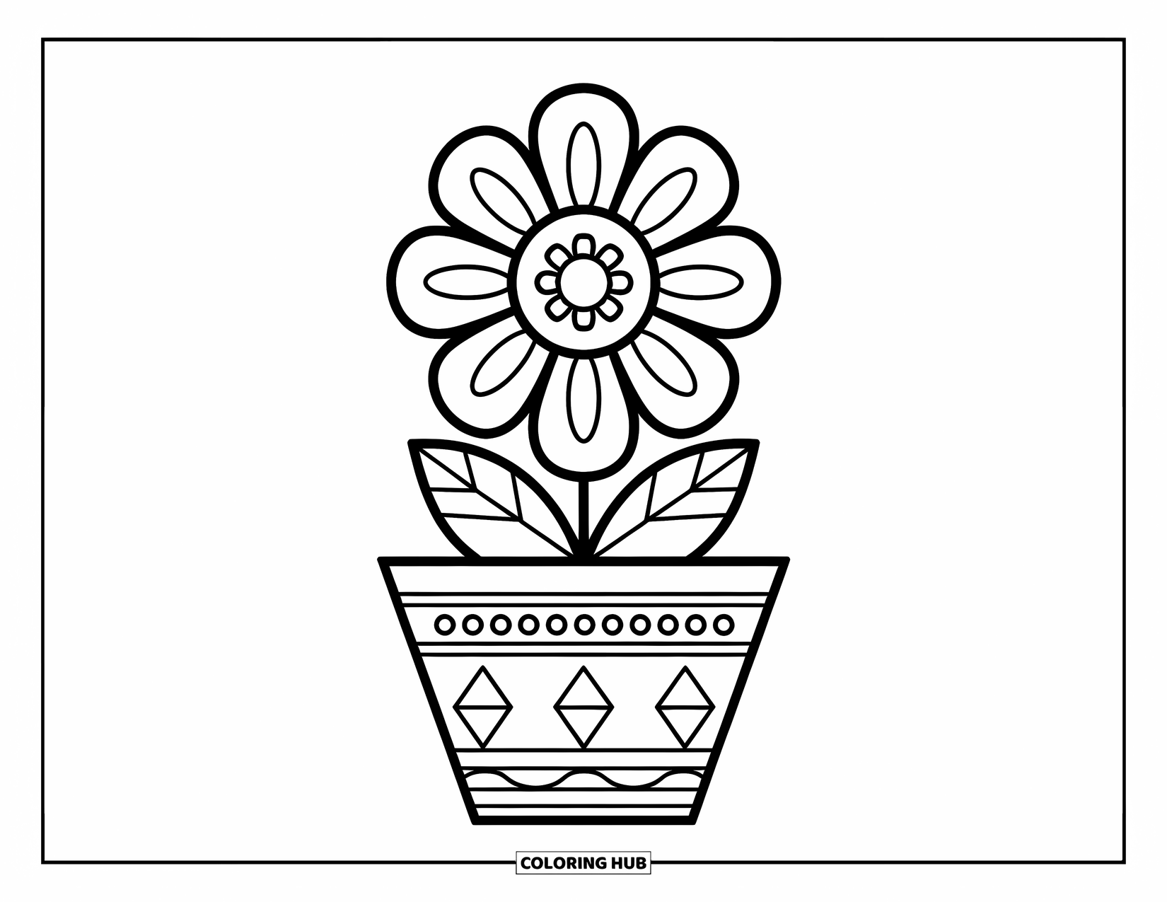 Boho Coloring Page for Kids: A cheerful flower sits in a pot with triangle and swirl patterns