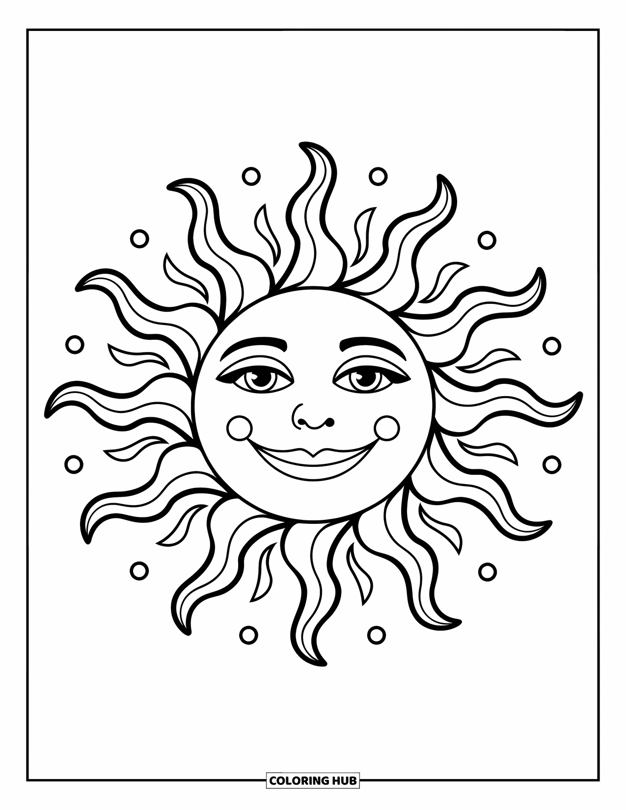 Boho Coloring Page for Kids: A cheerful sun with a big smile and wavy rays shines bright