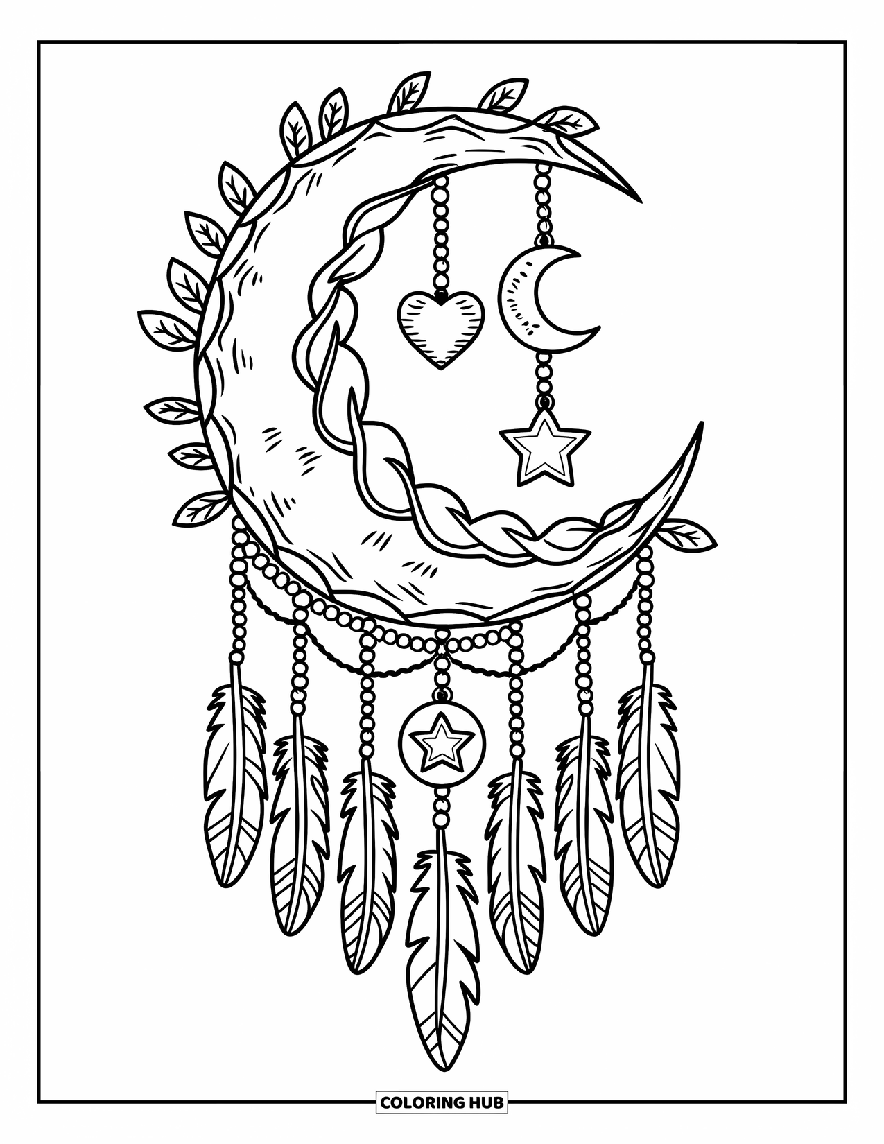 Boho Coloring Page for Kids: A cozy boho moon is wrapped in vines with dangling charms and feathers