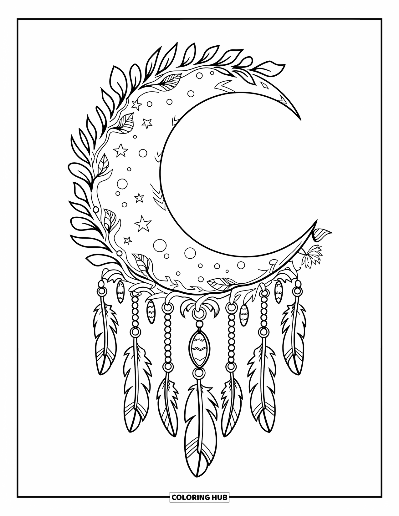 Boho Coloring Page for Kids: A crescent moon glows with hanging charms, vines, and feathers