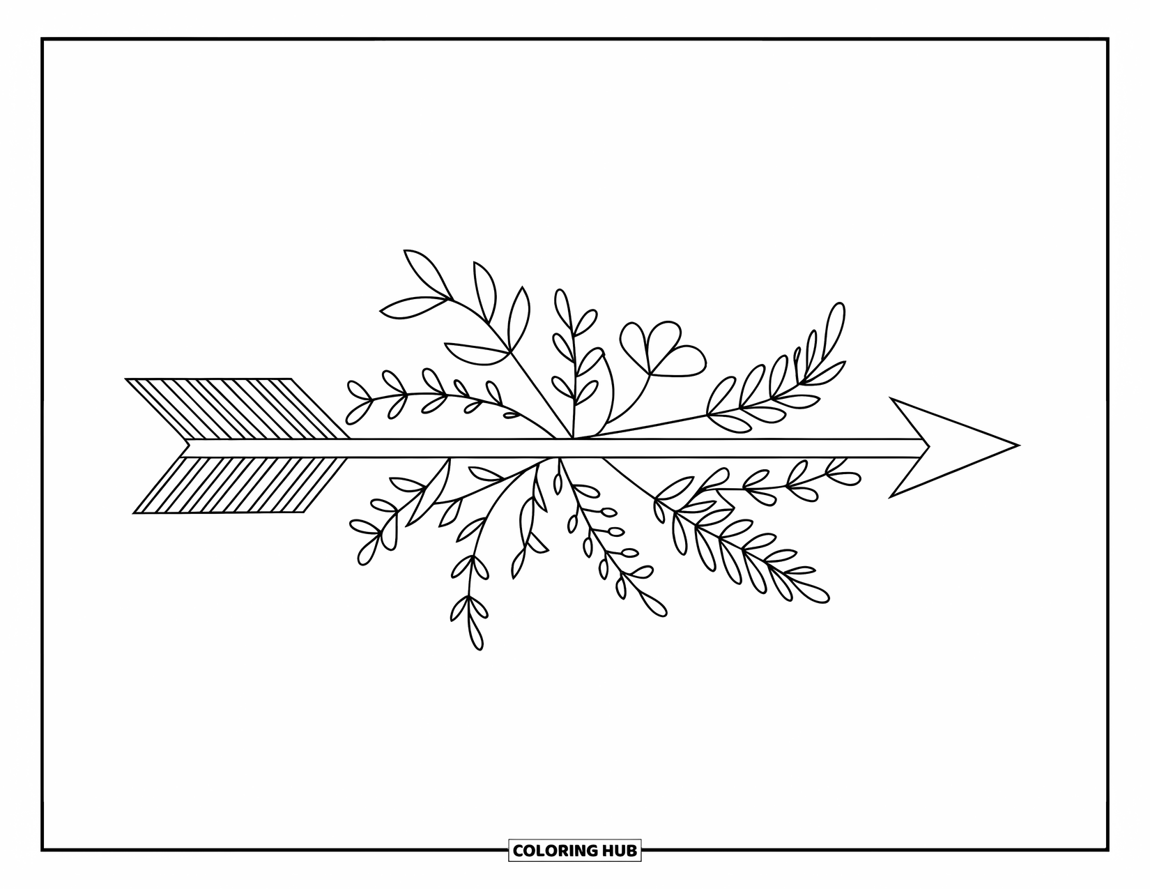 Boho Coloring Page for Kids: A curved boho arrow points up with tiny flowers and leafy details