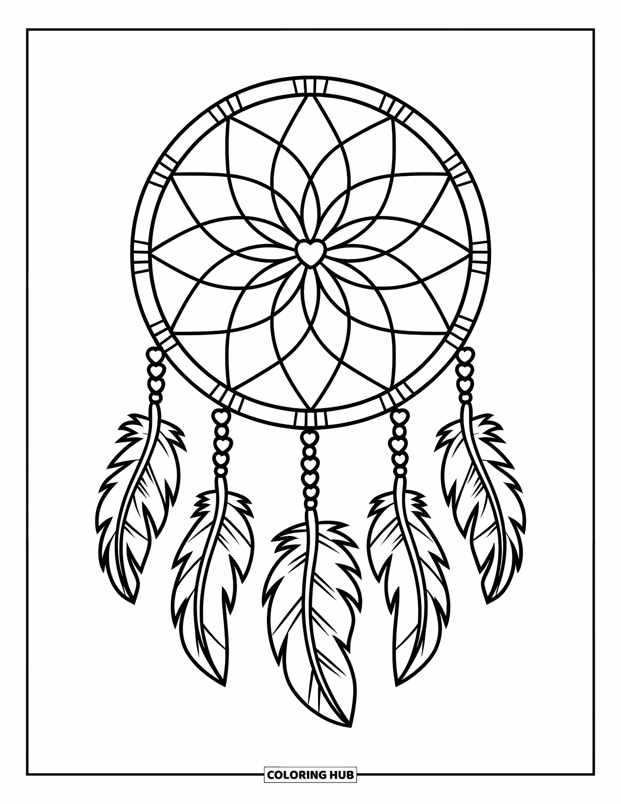 Boho Coloring Page for Kids: A dreamcatcher with hearts and leaves hangs with simple boho charm