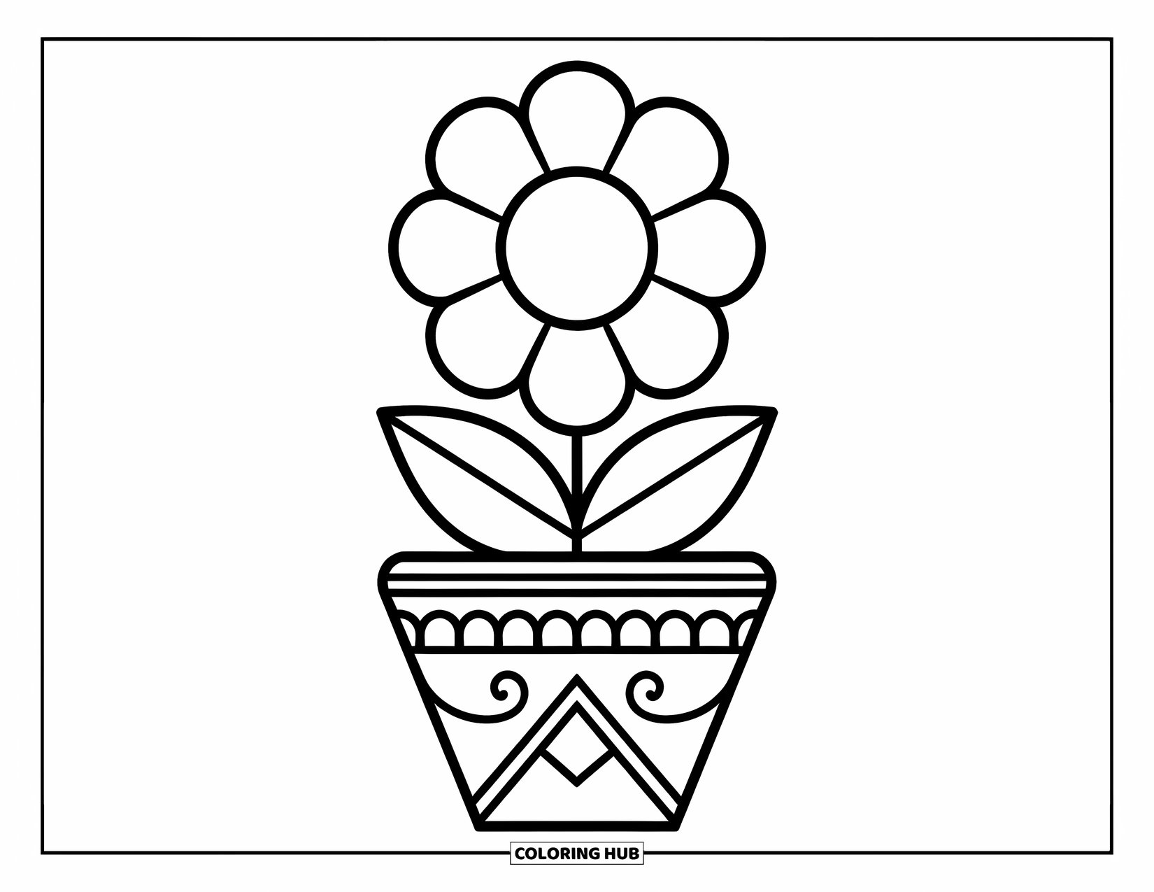 Boho Coloring Page for Kids: A flower with bold petals blooms in a pot with boho-style accents