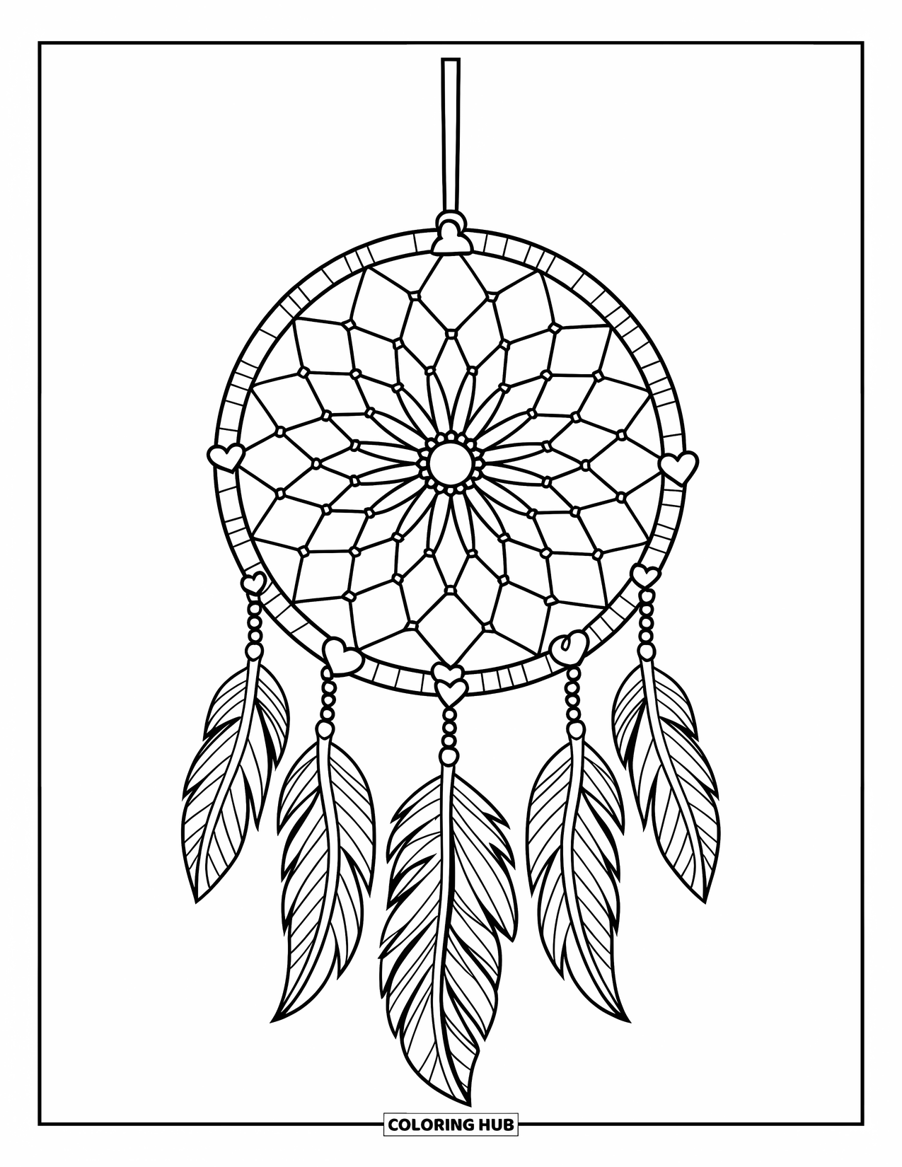 Boho Coloring Page for Kids: A hanging dreamcatcher sways with hearts and leaf-shaped feathers