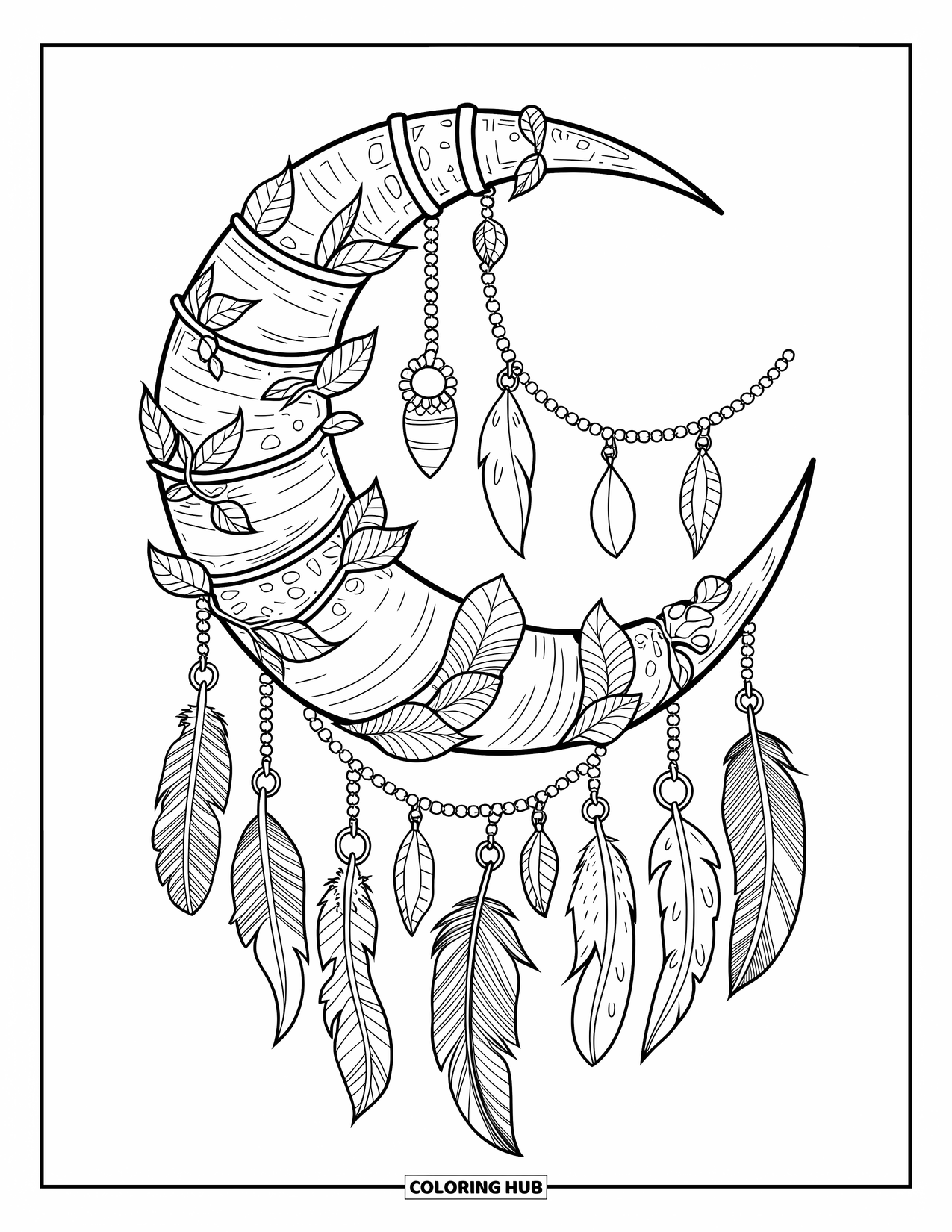 Boho Coloring Page for Kids: A layered crescent moon sways with charms and leafy vine strands