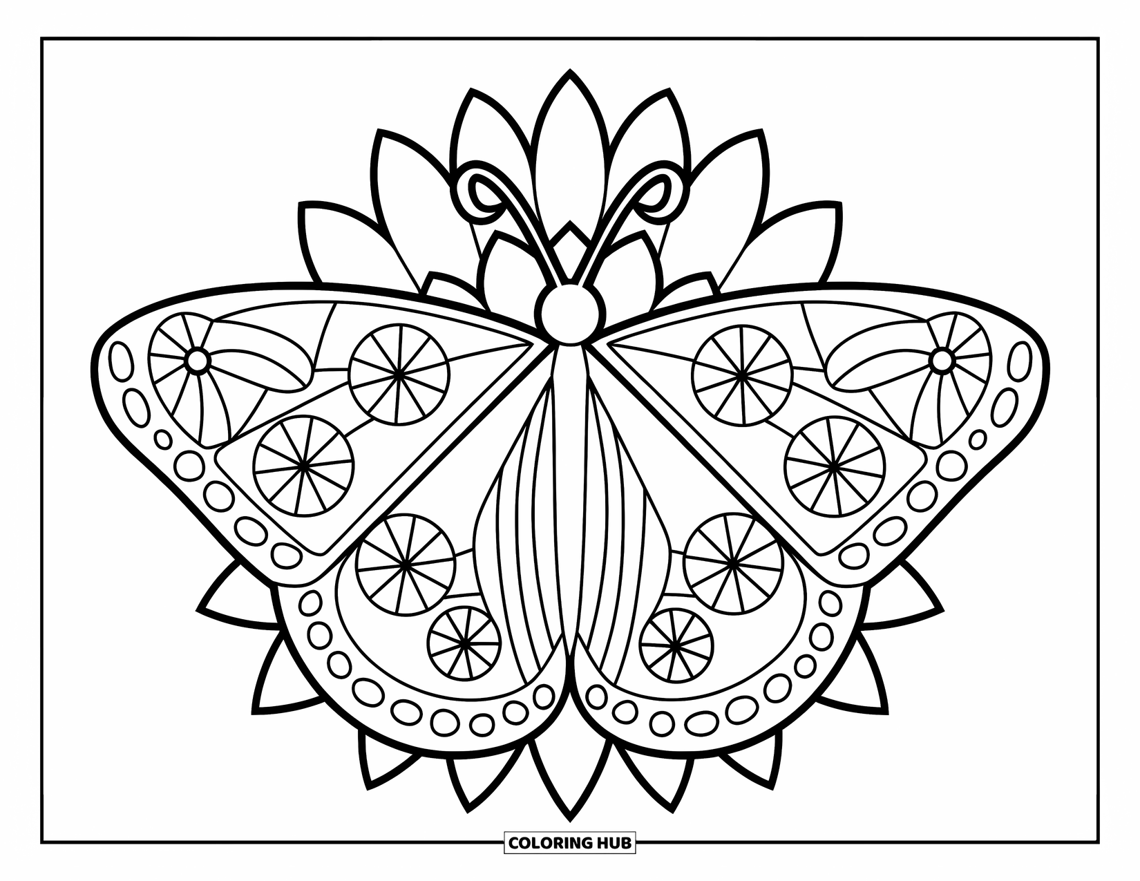 Boho Coloring Page for Kids: A patterned butterfly rests on a flower with leafy designs behind