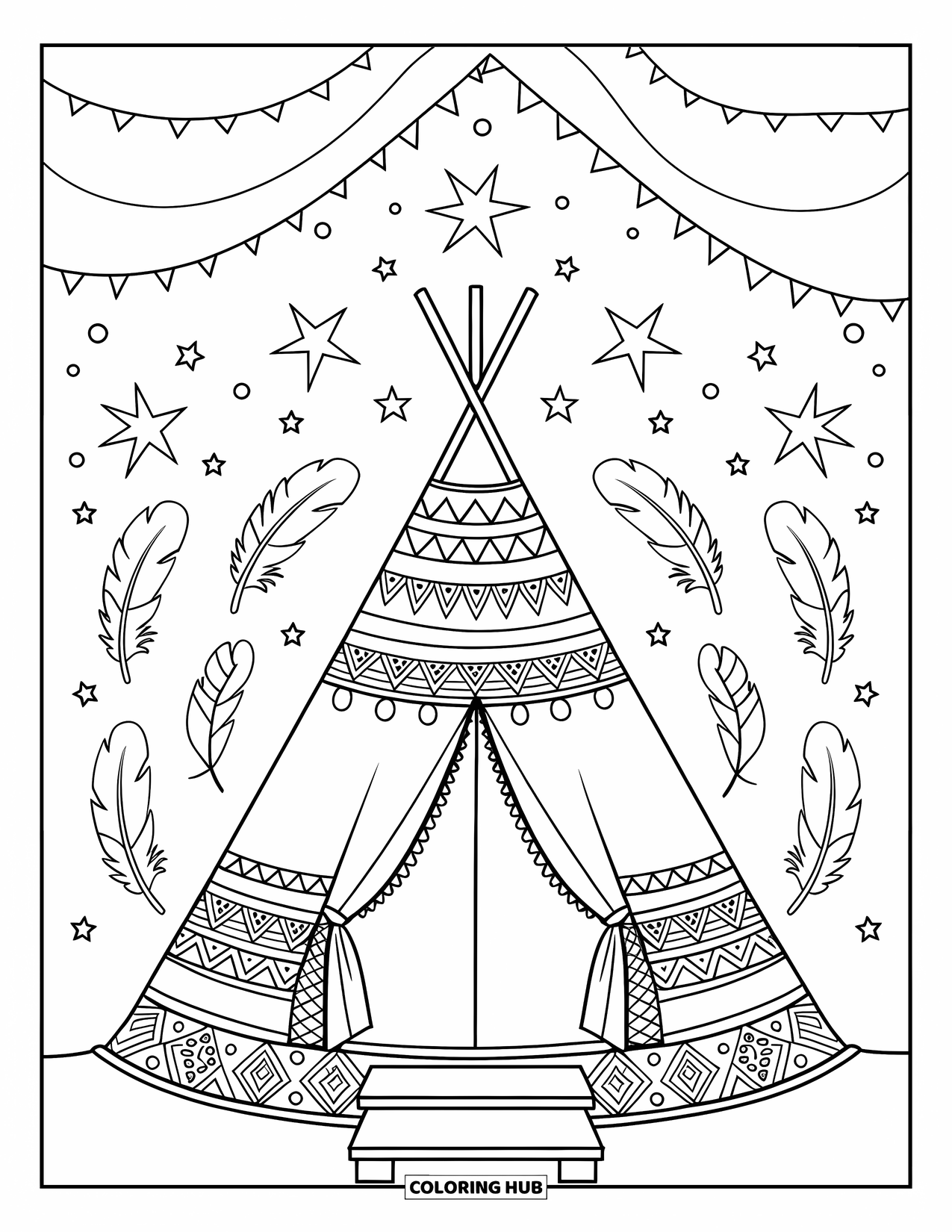 Boho Coloring Page for Kids: A patterned tipi tent sits on wooden beams with stars above