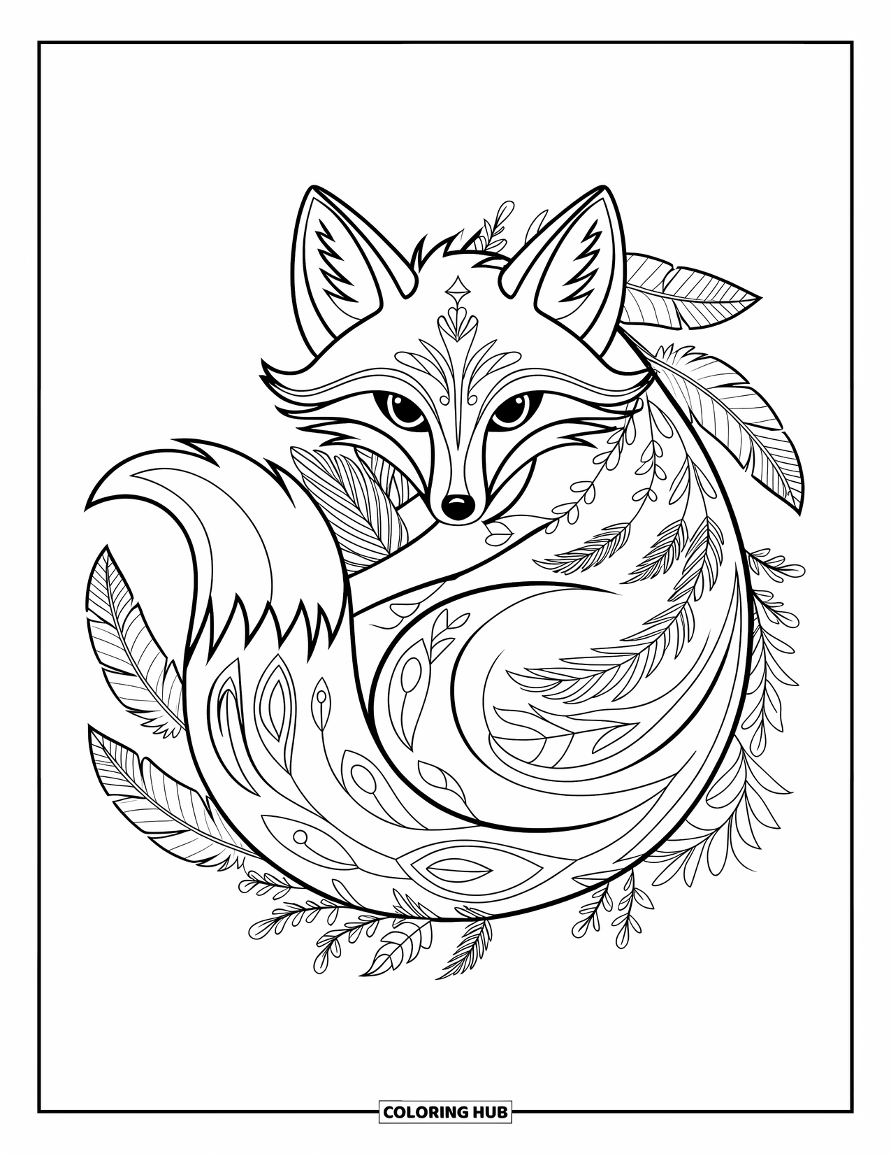 Boho Coloring Page for Kids: A peaceful fox naps within a ring of soft florals and feathers