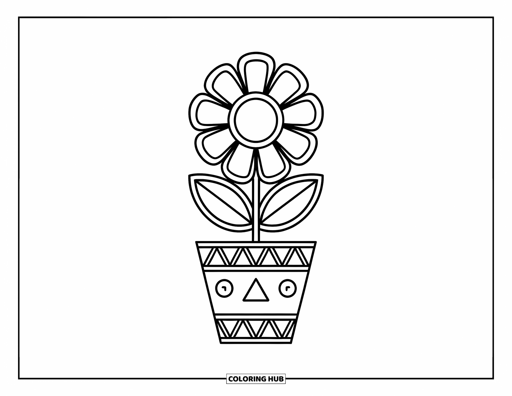 Boho Coloring Page for Kids: A potted flower with bold lines and swirls sits on a white page