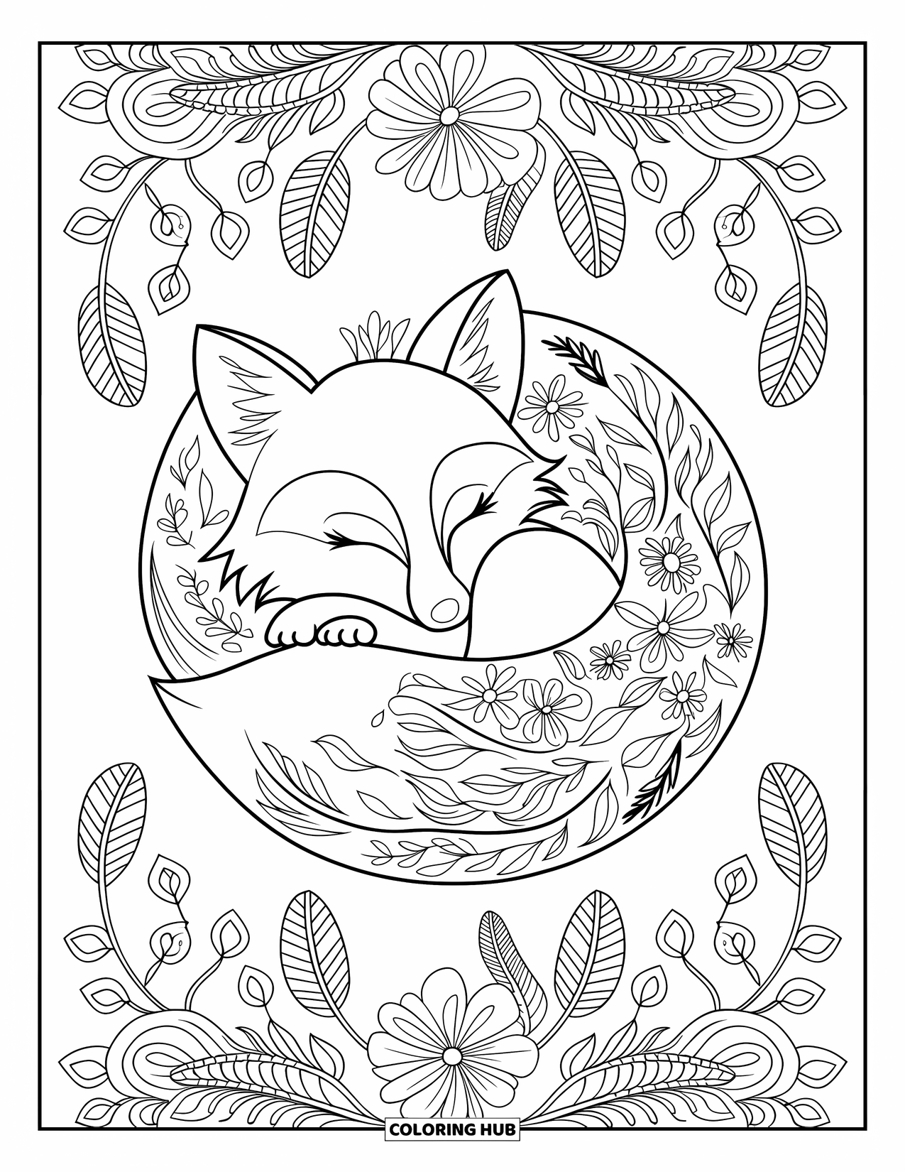 Boho Coloring Page for Kids: A resting fox is surrounded by gentle flowers, leaves, and feathers