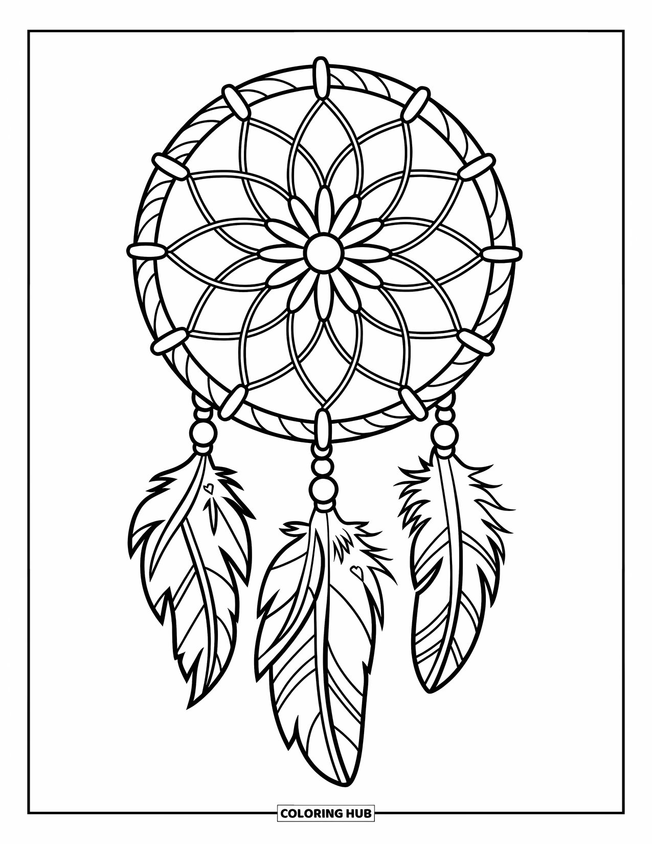 Boho Coloring Page for Kids: A round dreamcatcher holds heart beads and leafy feathers in a boho style