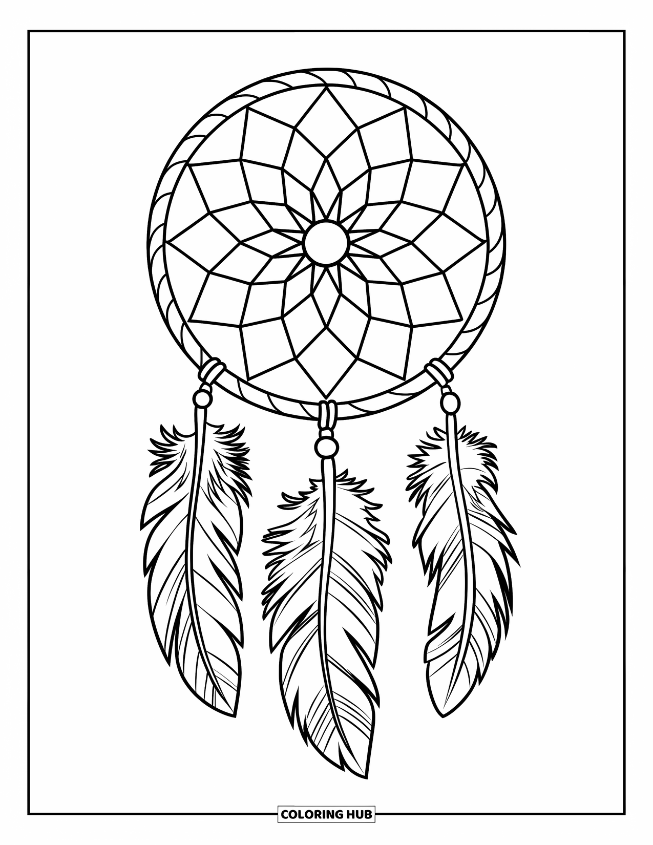 Boho Coloring Page for Kids: A round dreamcatcher with three feathers hangs with easy shapes to enjoy
