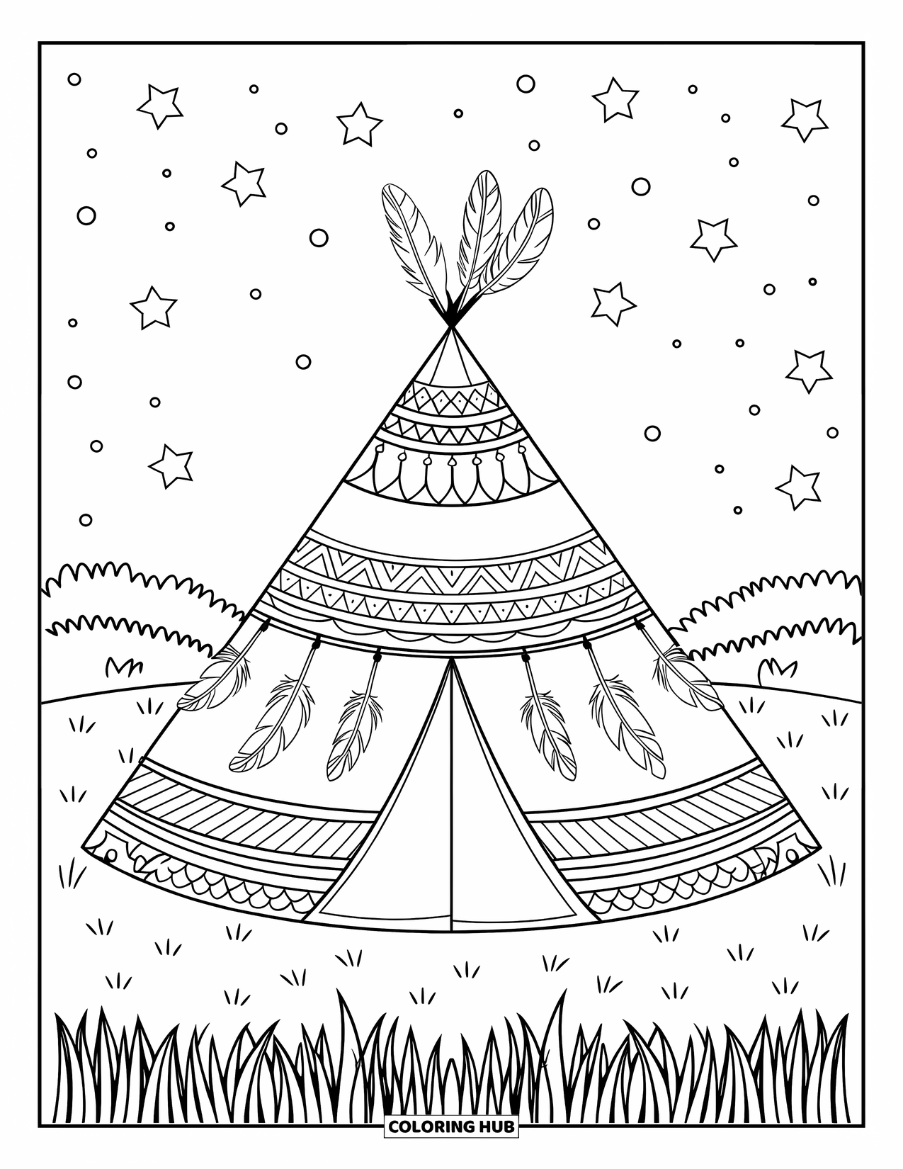 Boho Coloring Page for Kids: A round tipi tent rests on grass beneath scattered night stars