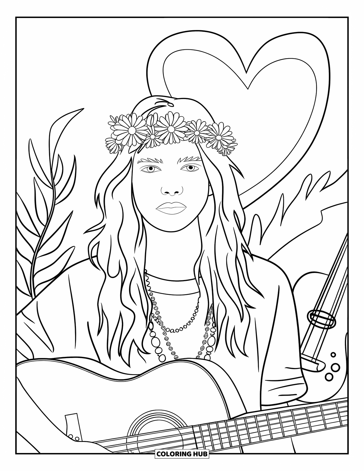 Boho Coloring Page for Kids: A teen with long hair plays guitar near plants and a drawn heart